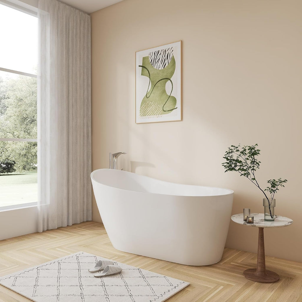 67'' Freestanding White Acrylic Bathtub, Oval Soaking Tub | Oval White Acrylic Freestanding Soaking Tub with Chrome Drain & 4 Adjustable Leveling Feet, No Overflow Cover & Drain Pipe