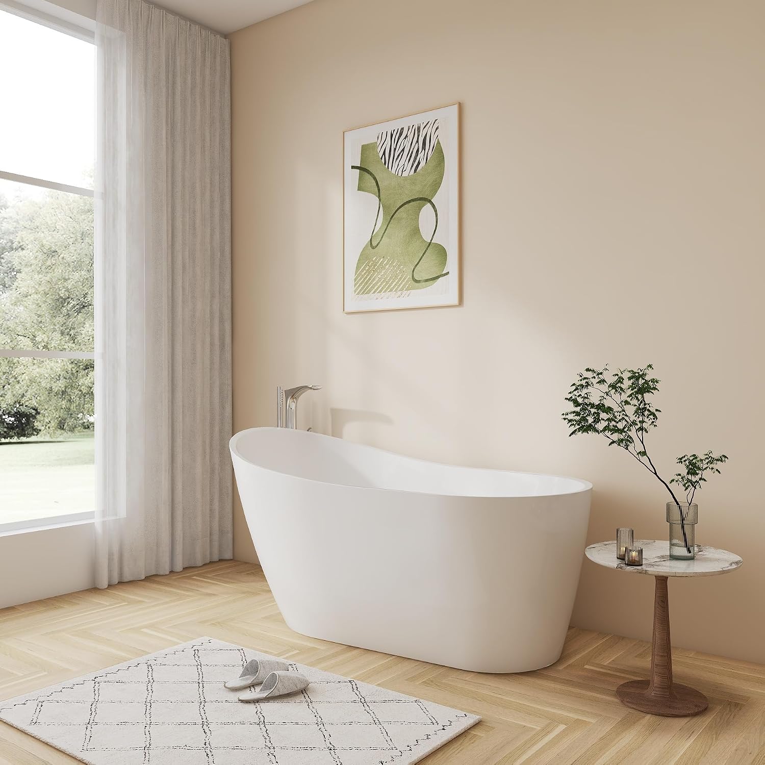 67'' Freestanding White Acrylic Bathtub, Oval Soaking Tub | Oval White Acrylic Freestanding Soaking Tub with Chrome Drain & 4 Adjustable Leveling Feet, No Overflow Cover & Drain Pipe