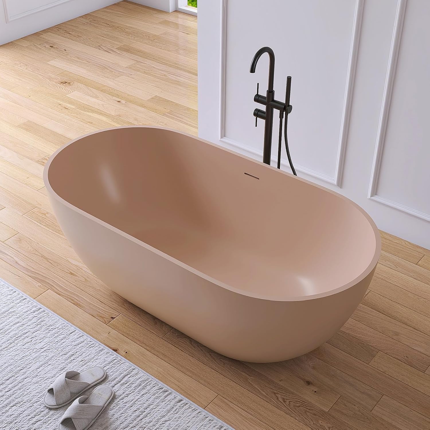 59' Resin Stone Free Standing Tub Bathtubs, Soaking Tub with Solid Surface, Bathroom Freestanding Bathtub with Overflow and Drain, Pink