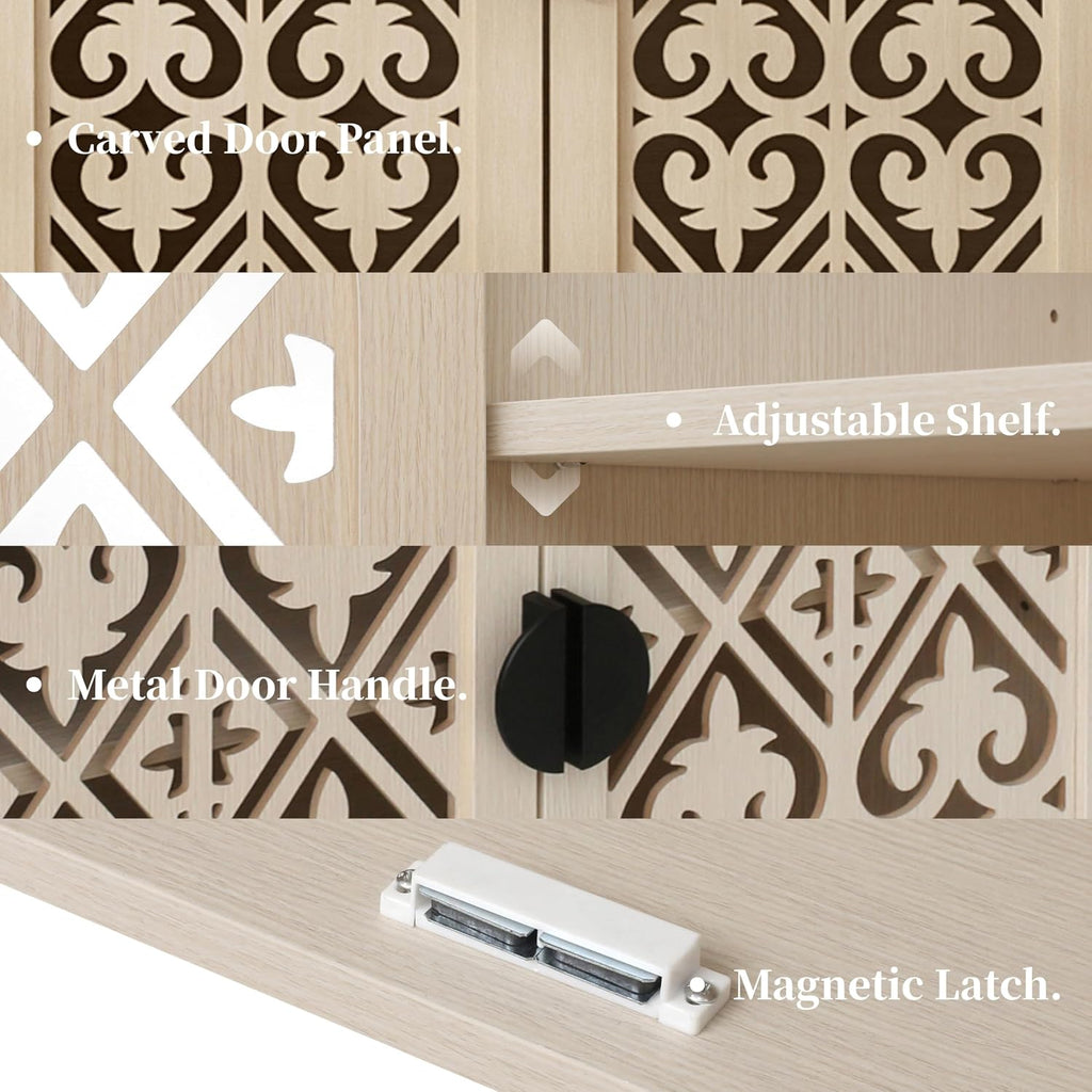 Storage Sideboard Cabinet, 60 x 32 x 16 inches, 4 Doors with Decorative Carved Panels, Natural Wood. [2pcs, Beige]