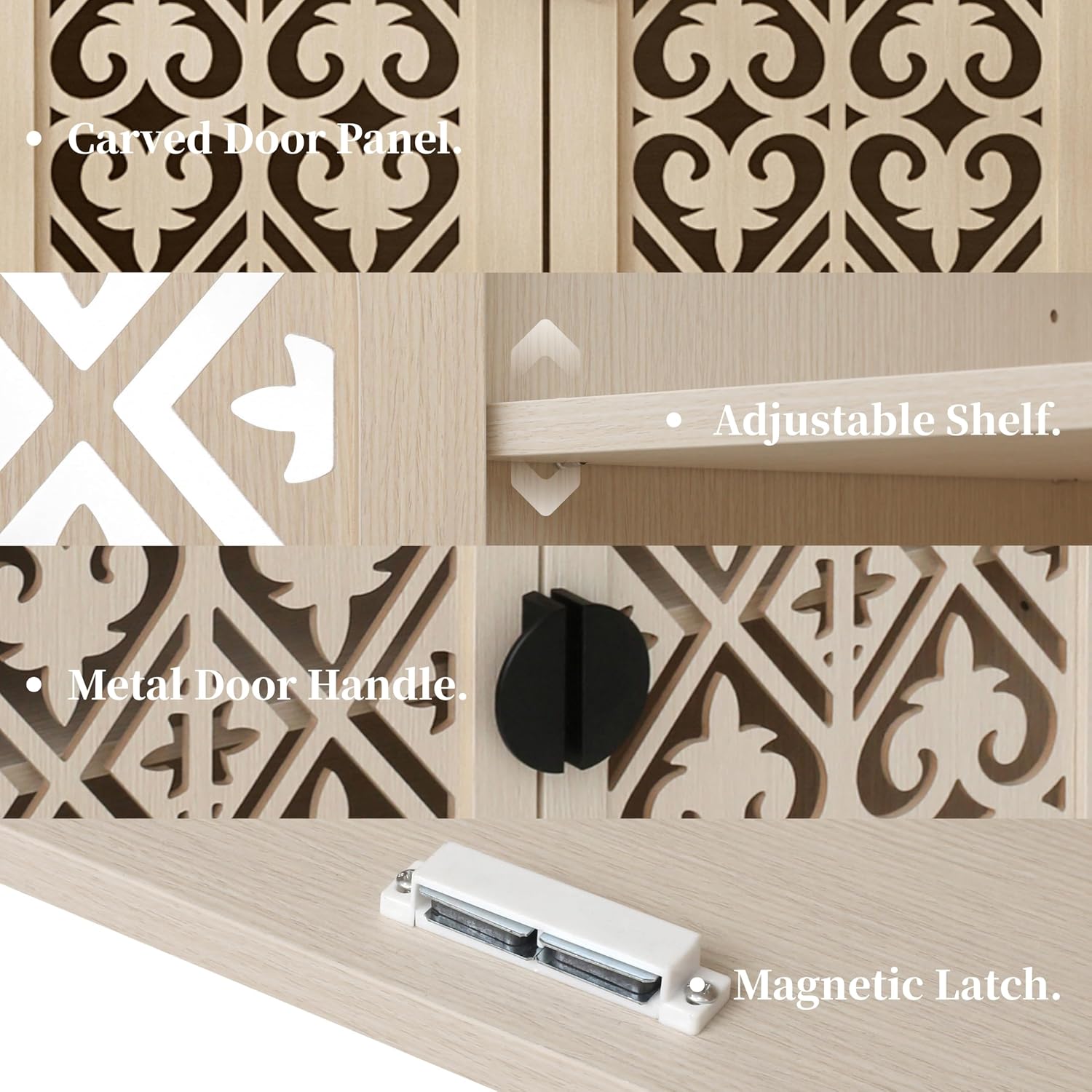 Storage Sideboard Cabinet, 60 x 32 x 16 inches, 4 Doors with Decorative Carved Panels, Natural Wood. [2pcs, Beige]