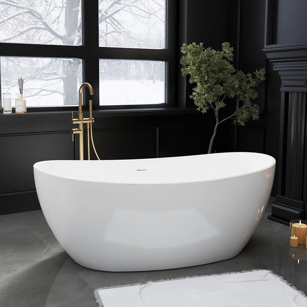60' Acrylic Free Standing Tub, Freestanding Bathtub, Stand Alone Tub, Soaking Tubs for Bathroom, Integrated Overflow and Drain, cUPC Certified, Gloss White