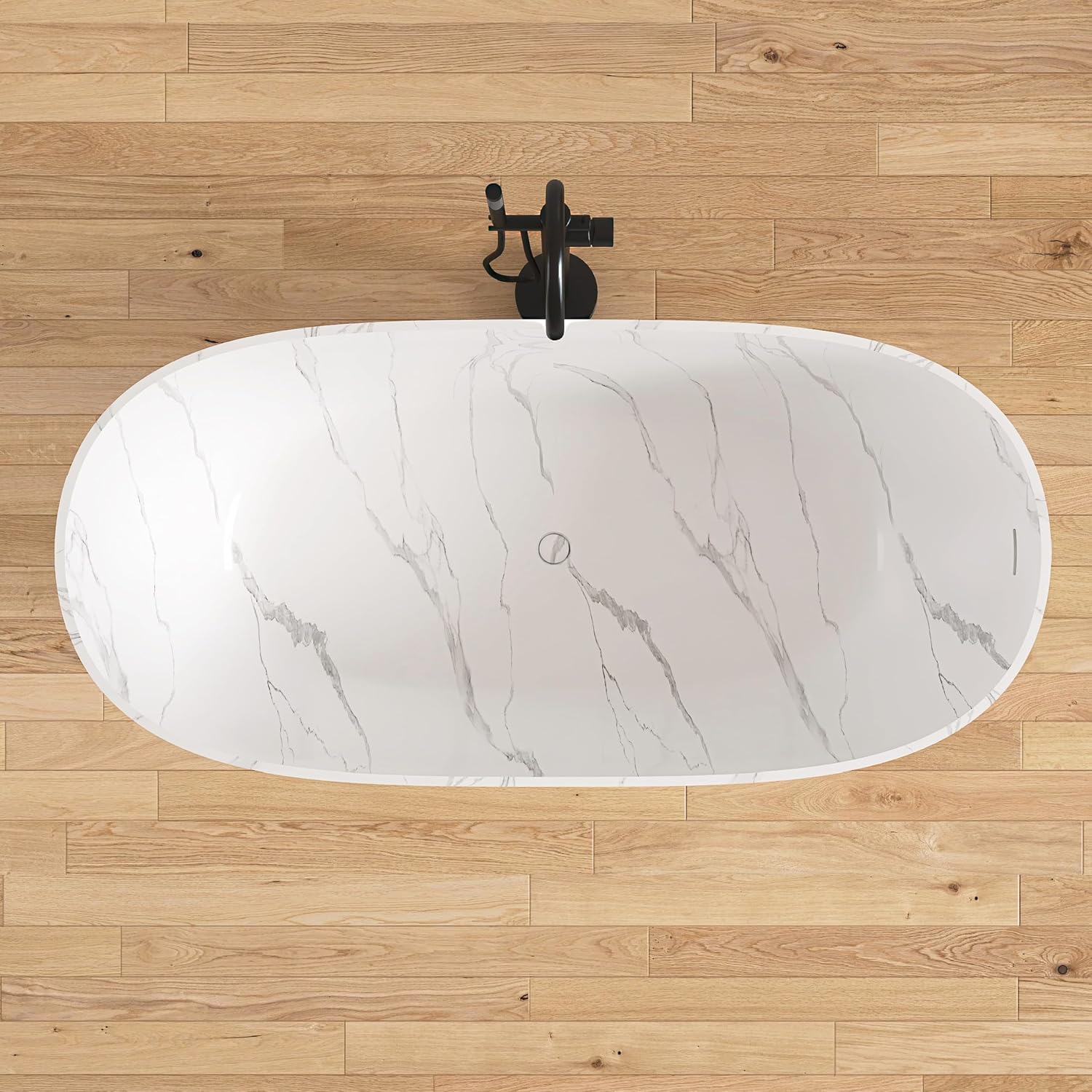 63 '' Stone Resin Freestanding Bathtub, Elegant Oval Shape Soaking Tub, Solid Surface Stand Alone Bathtub with Drain & Without overflow outlet Terrazzo Beige