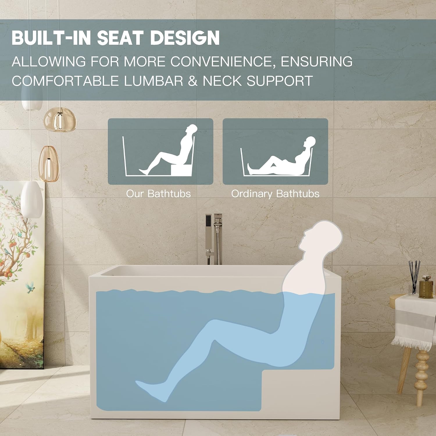 CASAINC 43' Acrylic Freestanding Bathtub with Seat, Spacious Rectangle Shape Soaking Tub, Soaking Stand Alone Tub with Chrome Overflow and Pop Up Drain, Gloss White