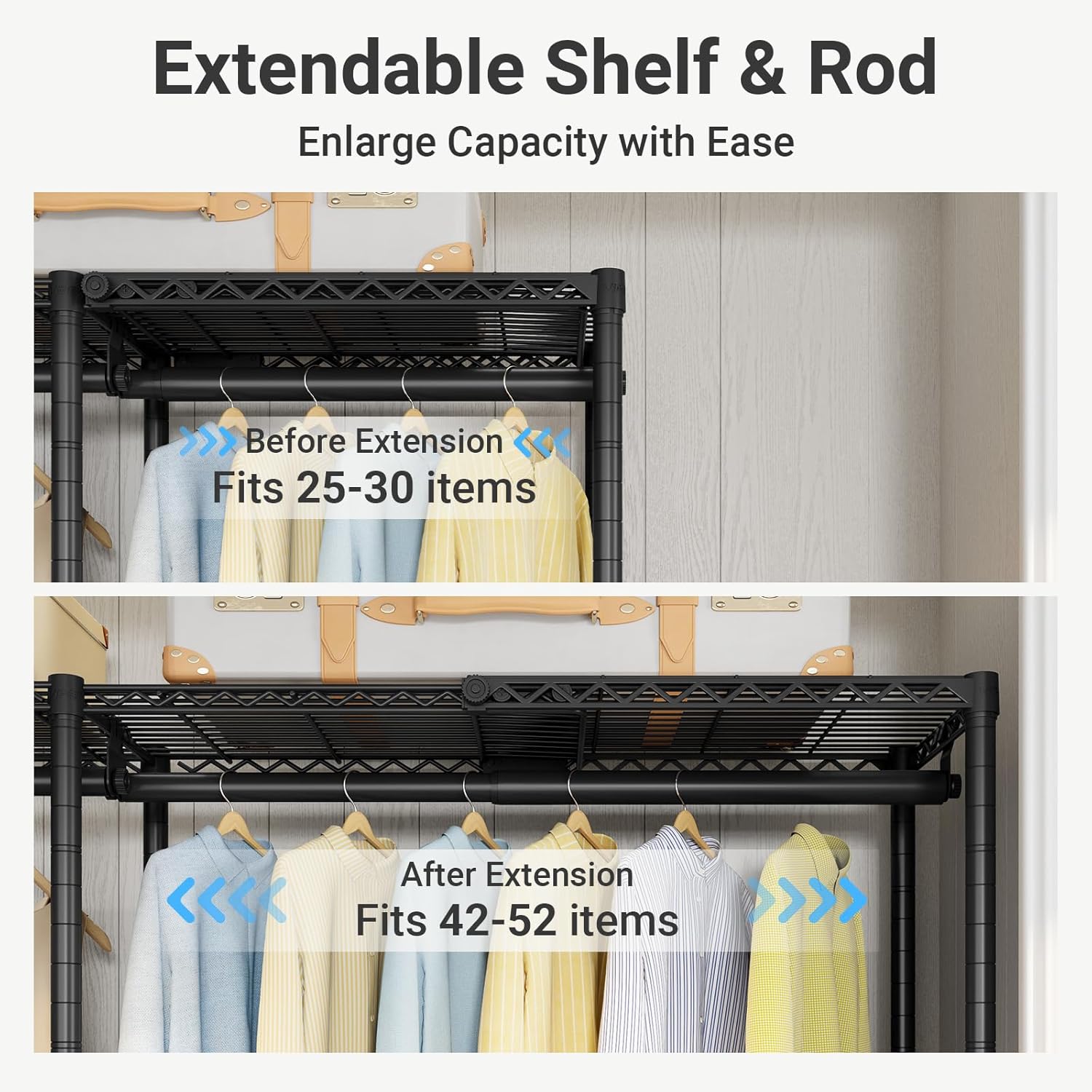 VIPEK X4 Expandable Heavy Duty Clothes Rack, Adjustable from 7'4' to 10'2' with Adjustable Shelves and Hanger Rods, Large Wardrobe Closet Reach-in & Walk-in Closet Metal Clothing Rack, 1530 LBS, Black