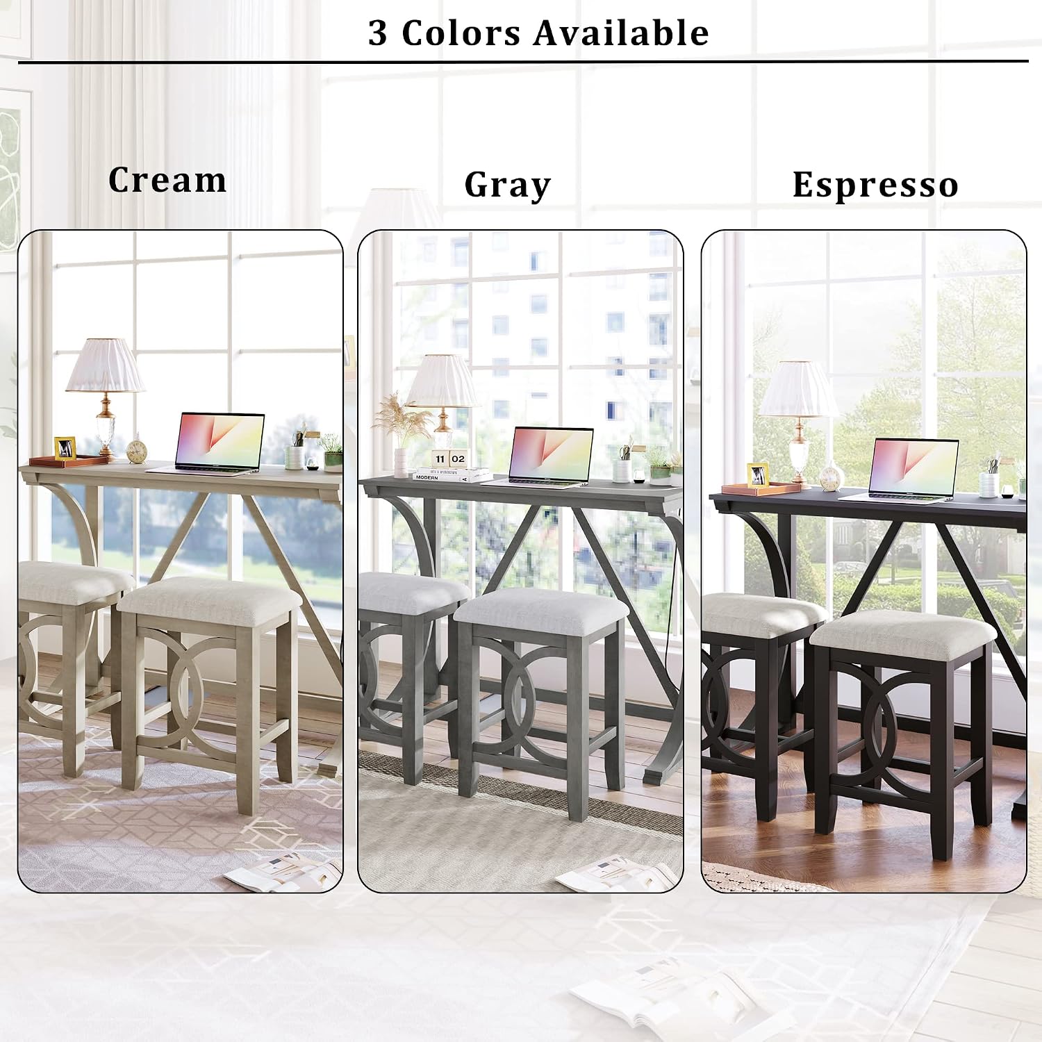 Polibi 3-Piece Farmhouse Counter Height Dining Set, Wood Kitchen Dining Table Set with USB Port and 2 Upholstered Stools for Small Places (Espresso)