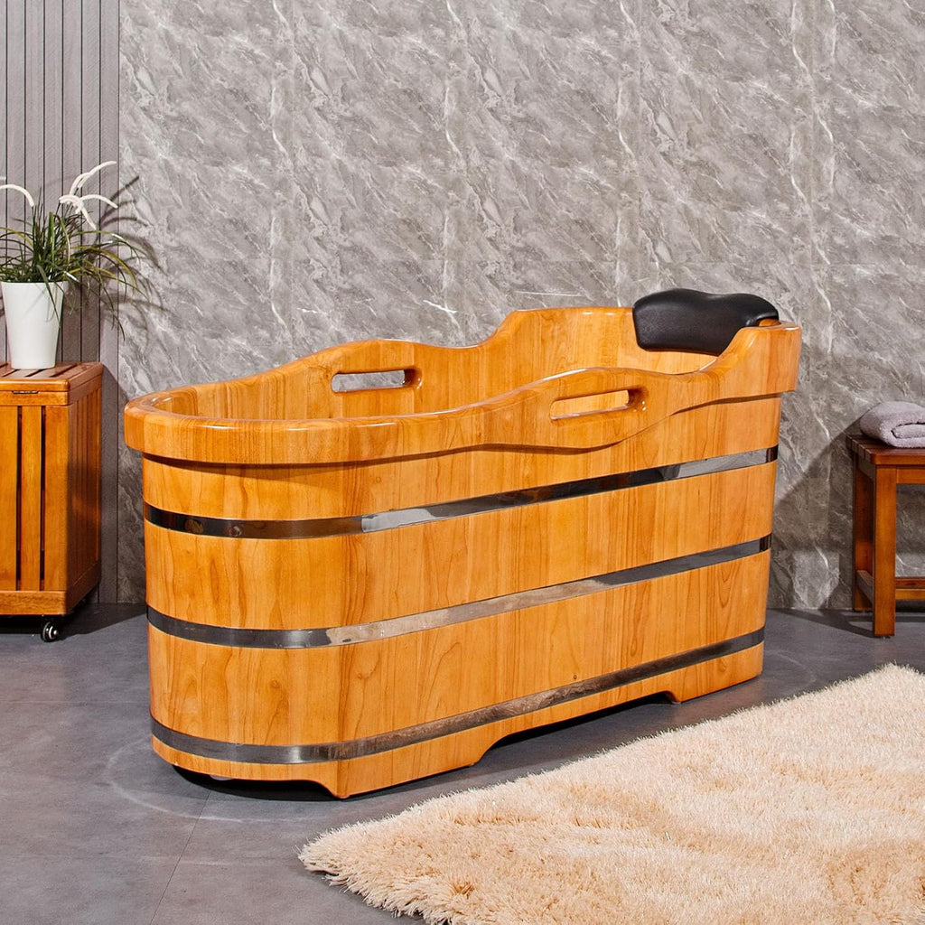 59' Freestanding Bathtub Wooden Soaking Tub Handcrafted Deep Soaking Bathtub with Wooden Handrails, Japanese Soaking Tub for Home Spa Relaxation, Freestanding Tub Wood Hot Tub STT15001