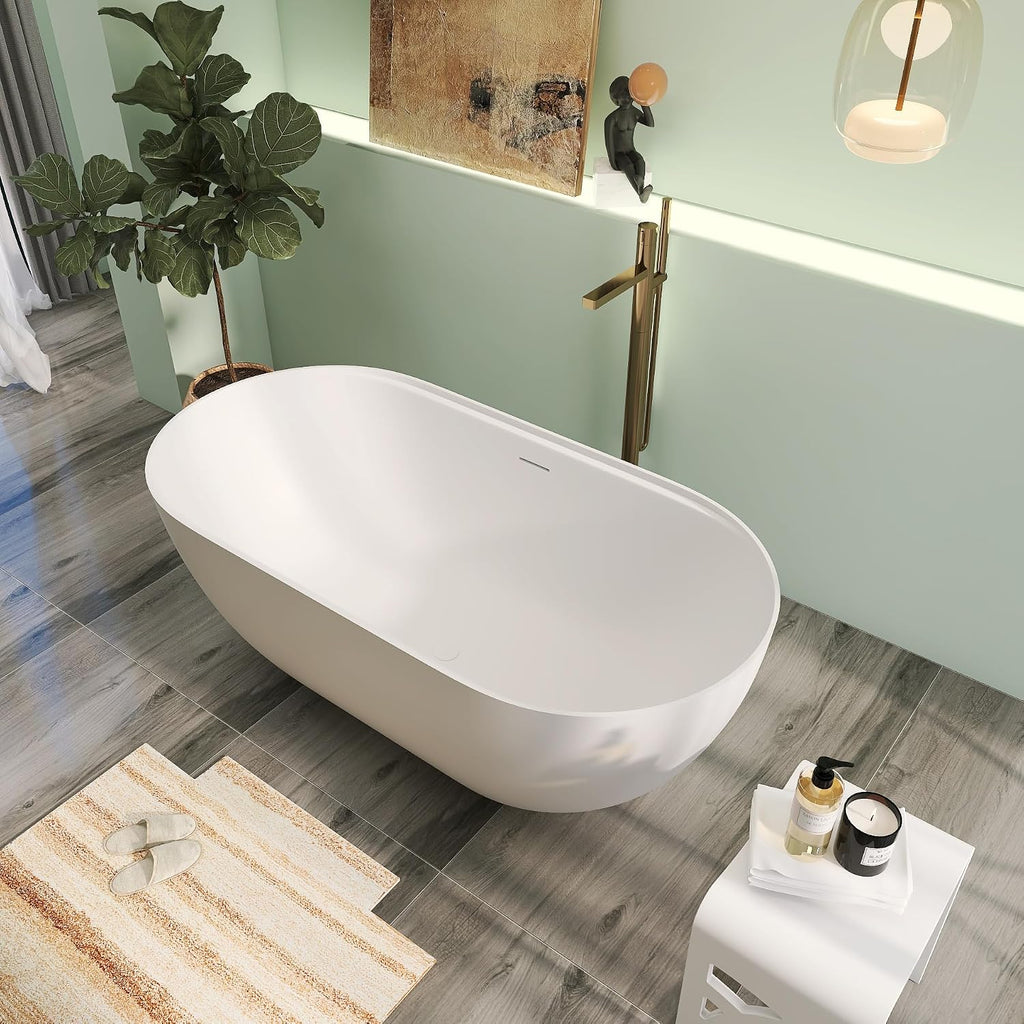 59' Premium Solid Surface Freestanding Bathtub With Black Acrylic Shelf, Modern Soaking Deep Stone Resin Tub with Overflow and Pop-up Drain, Matte White