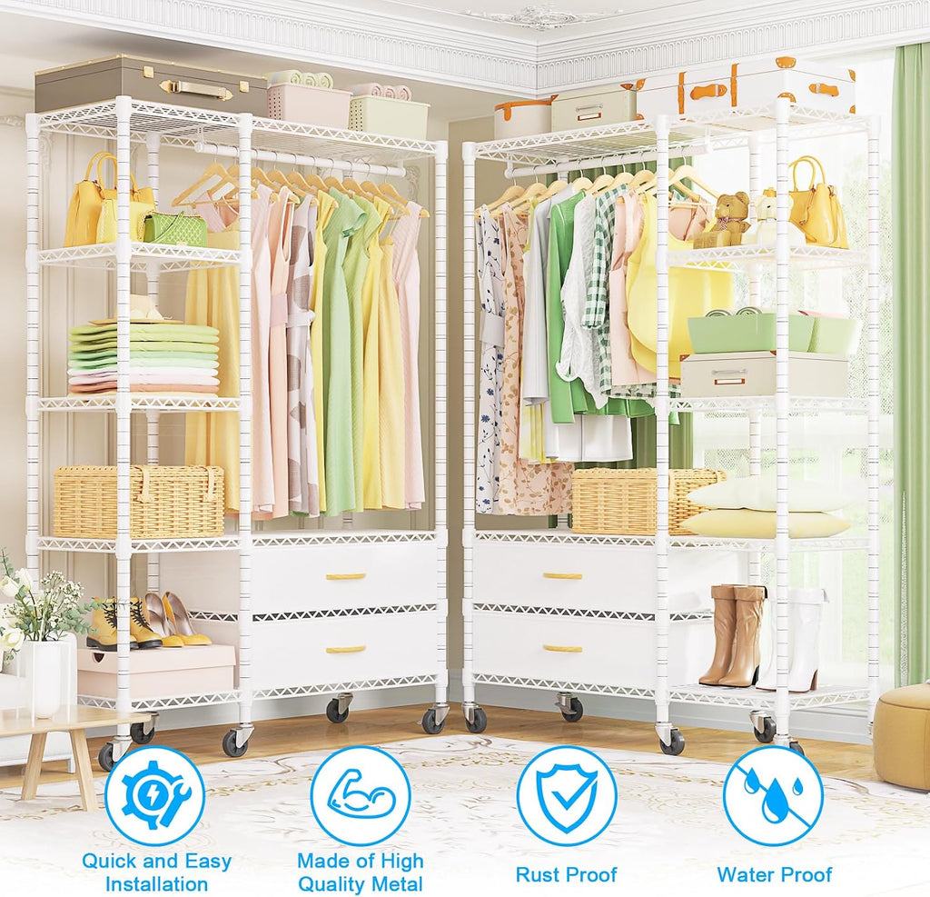 Ulif F3R Heavy Duty Clothes Rack（With Lockable Wheels）Freestanding Clothing Racks for Hanging Clothes，Adjustable Closet Organizer System，Portable Garment Rack 40'W x 15'D x 74'H，Max Load 700LBS，White