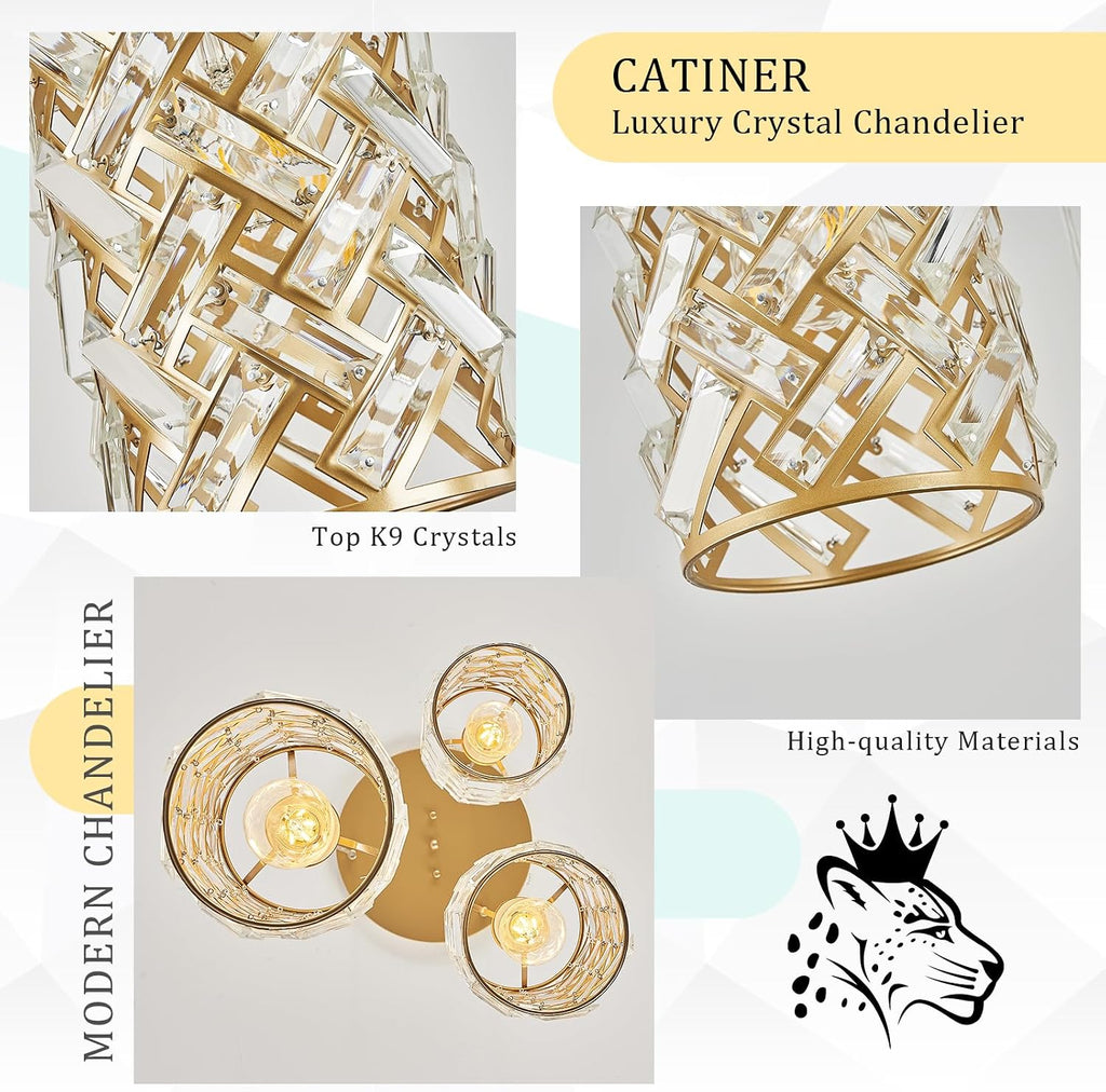 CATINER 3-Light Modern Gold Crystal Pendant Light Luxury Mini Chandelier, Adjustable Cluster Pendant Lighting for Kitchen Island Dinning Room Bedroom Hallway Porch