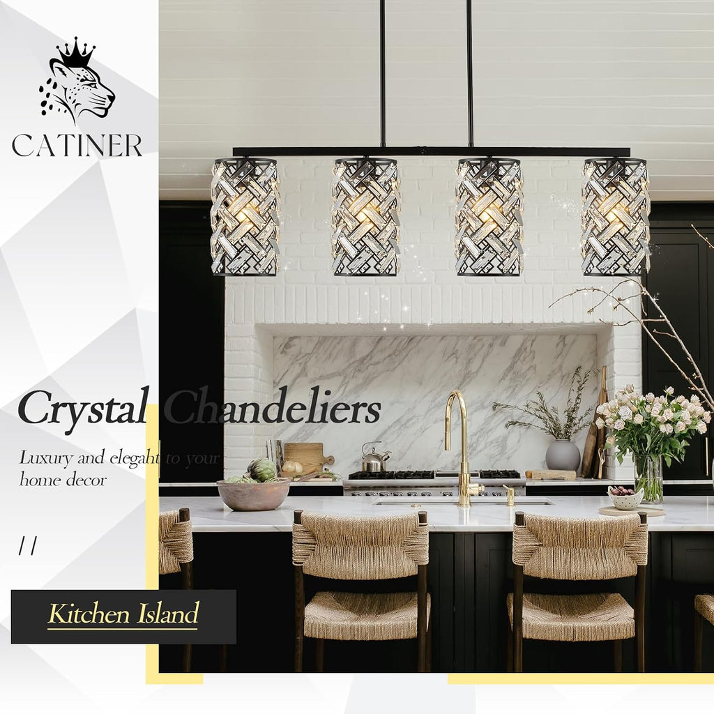 CATINER 40' Crystal Kitchen Island Lighting 4 Lights Modern Black Linear Chandelier Dining Room Light Fixture Over Table Luxury Ceiling Pendant Light Fixture