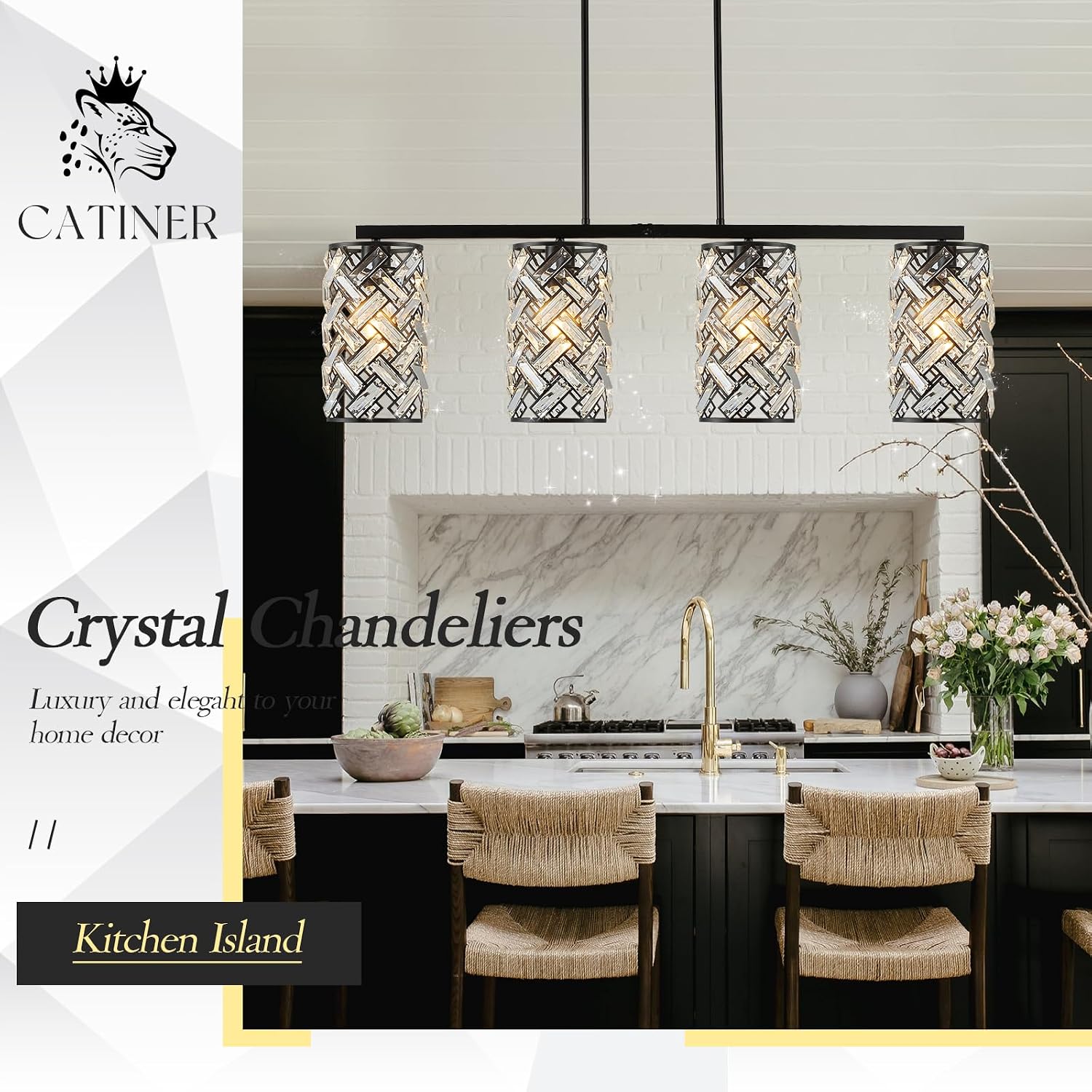 CATINER 40' Crystal Kitchen Island Lighting 4 Lights Modern Black Linear Chandelier Dining Room Light Fixture Over Table Luxury Ceiling Pendant Light Fixture