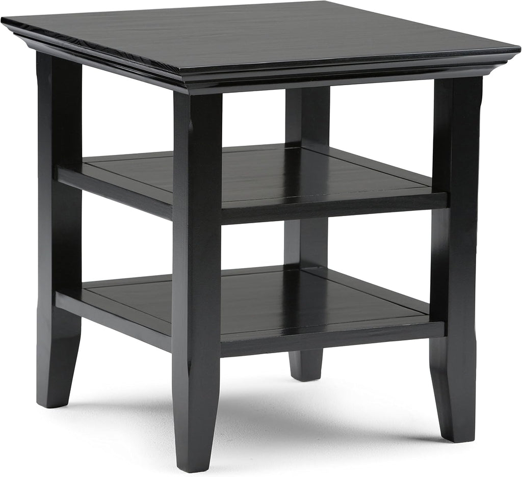 SIMPLIHOME Acadian End Table - 19 inch Wide Solid Wood Square Side Table with 2 Open Shelves in Black, Transitional Nightstand or Shelving Unit for Living Room or Bedroom with Storage