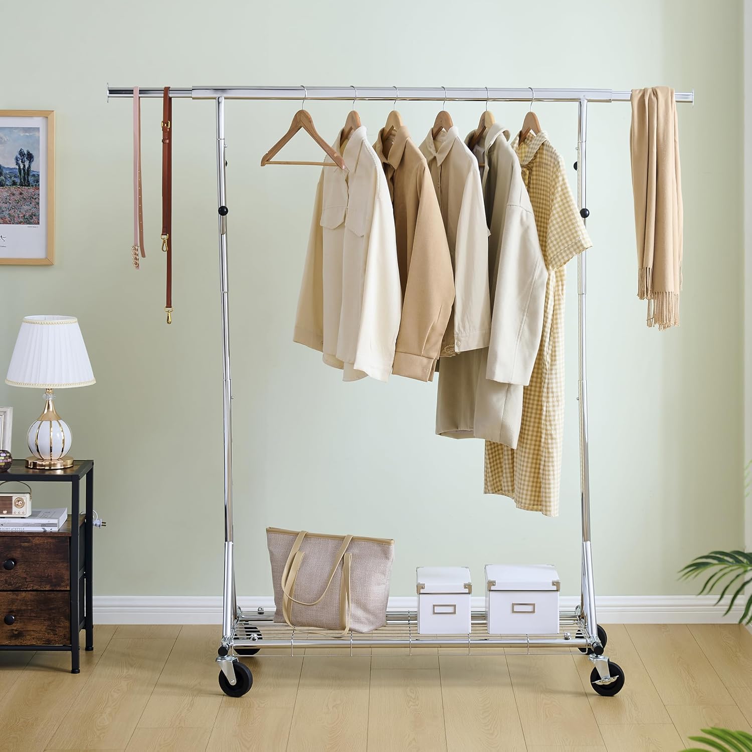Heavy-Duty 600LBS Rolling Clothes Rack - Commercial-Grade, Adjustable, Extendable & Collapsible Garment Rack with Wheels and Triangular Stability Bracket