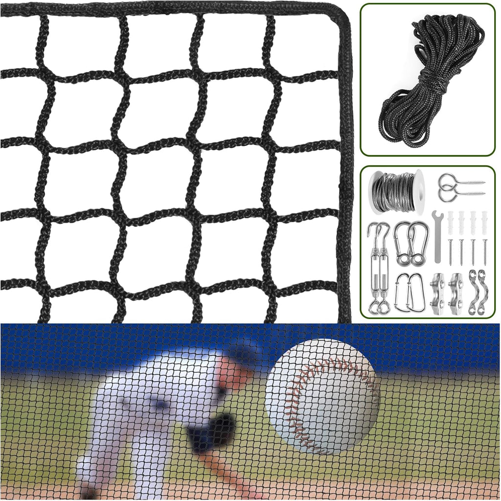 Baseball Net Netting Batting Cage Net Backstop Net - Heavy Duty Nylon Sports Netting with 33FT Rope & Steel Hanging Kit, Multiple Sizes for Backyard Garage Indoor Outdoor Practice