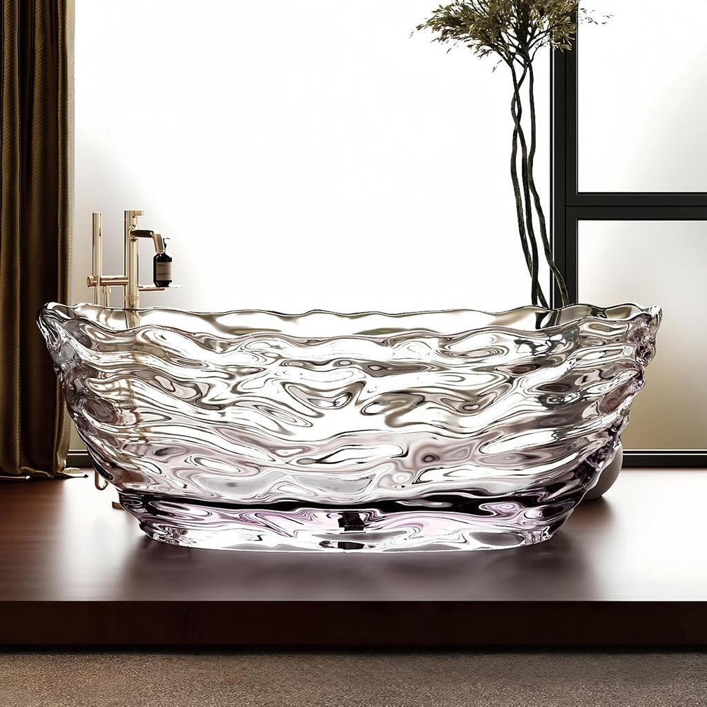 60' Edeyeu Freestanding Bathtub - Extra Deep Soaking Tub with Crystal Resin Design, Free Standing Bathtub Solid Surface, Durable Soaker Tub Easy to Clean with Drain Transparent