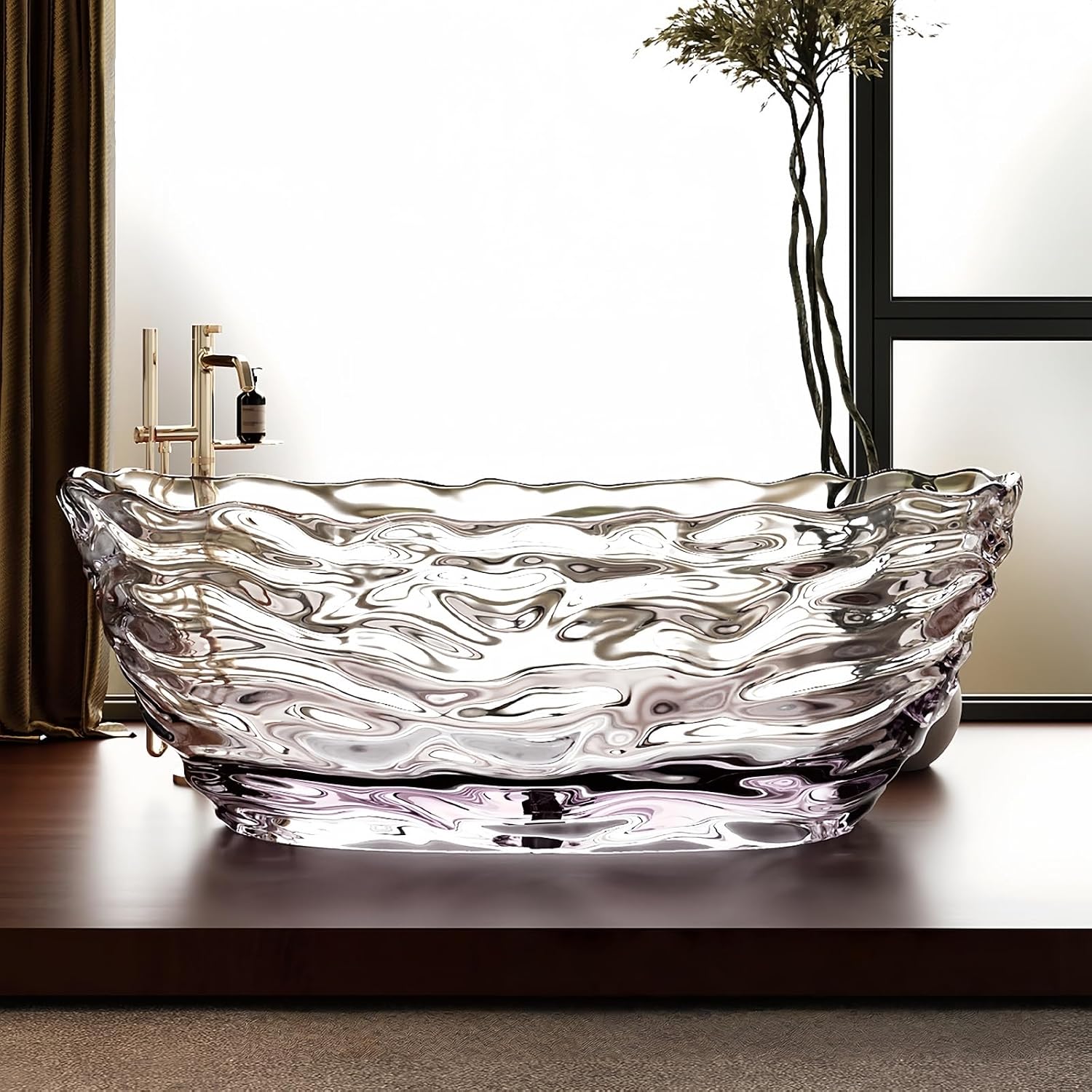 60' Edeyeu Freestanding Bathtub - Extra Deep Soaking Tub with Crystal Resin Design, Free Standing Bathtub Solid Surface, Durable Soaker Tub Easy to Clean with Drain Transparent