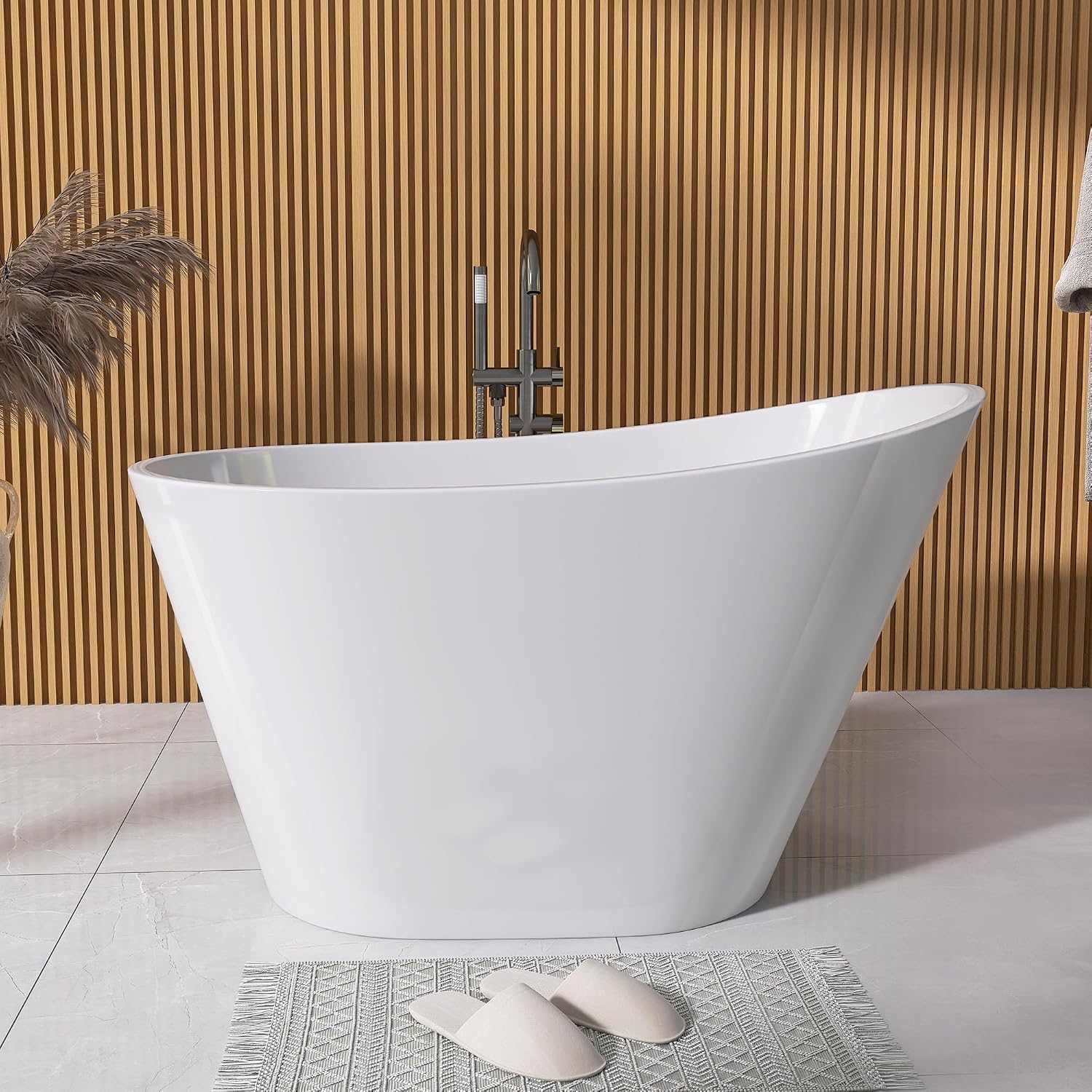 GETPRO Free Standing Tub 51' Deep Soaking Bath Tub, Oval Shape Acrylic Freestanding Bathtub with Integrated Slotted Overflow and Removable Anti-clogging Drain Glossy White