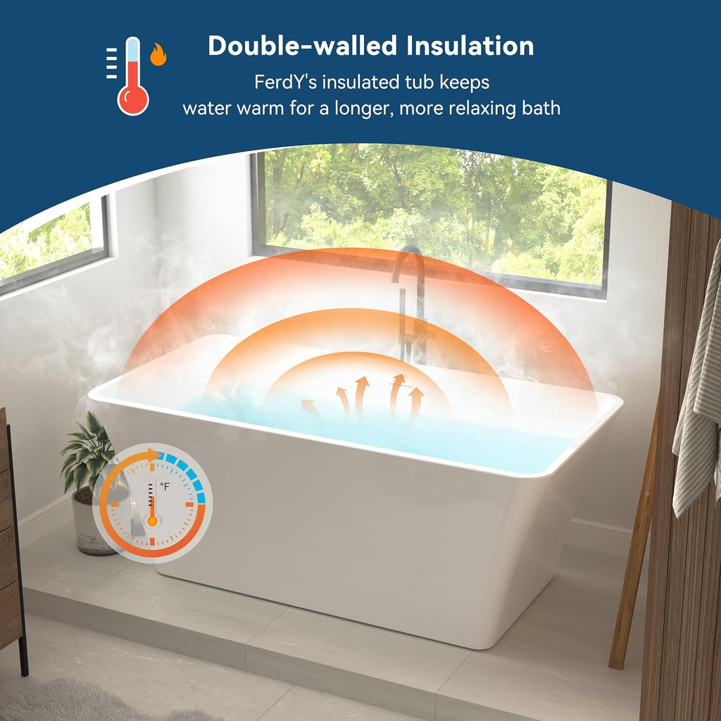 FerdY Sentosa 59' Acrylic Freestanding Bathtub, Contemporary Design Soaking Tub with Polished Chrome Drain and Minimalist Linear Design Overflow, Easy to Install