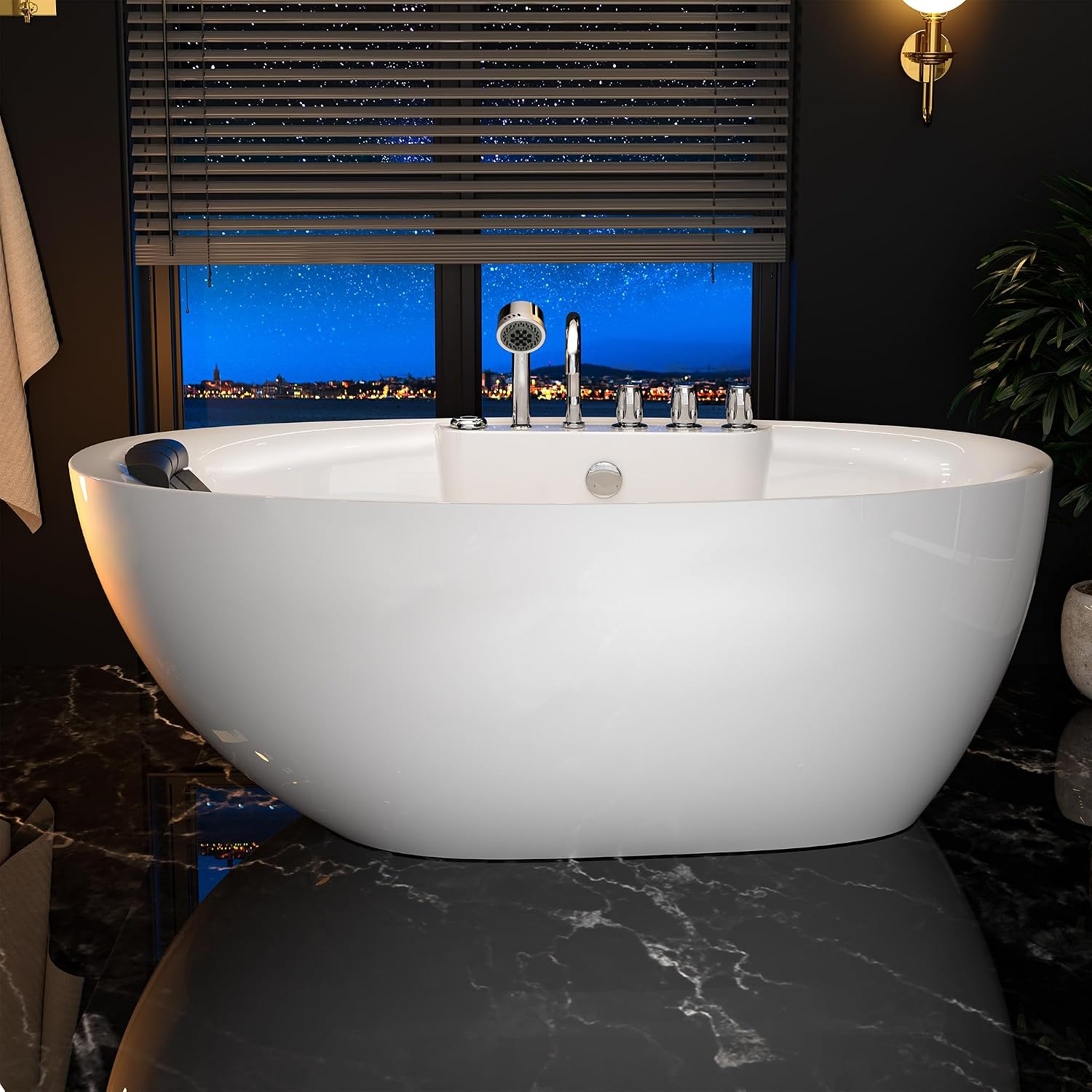 Empava 59' x 28' Freestanding Whirlpool Tub, Stand Alone Jetted Bathtub, Boat Shape with Large Recline Angle, Hydromassage, Adjustable Water Nozzles,Acrylic,ETL Certified