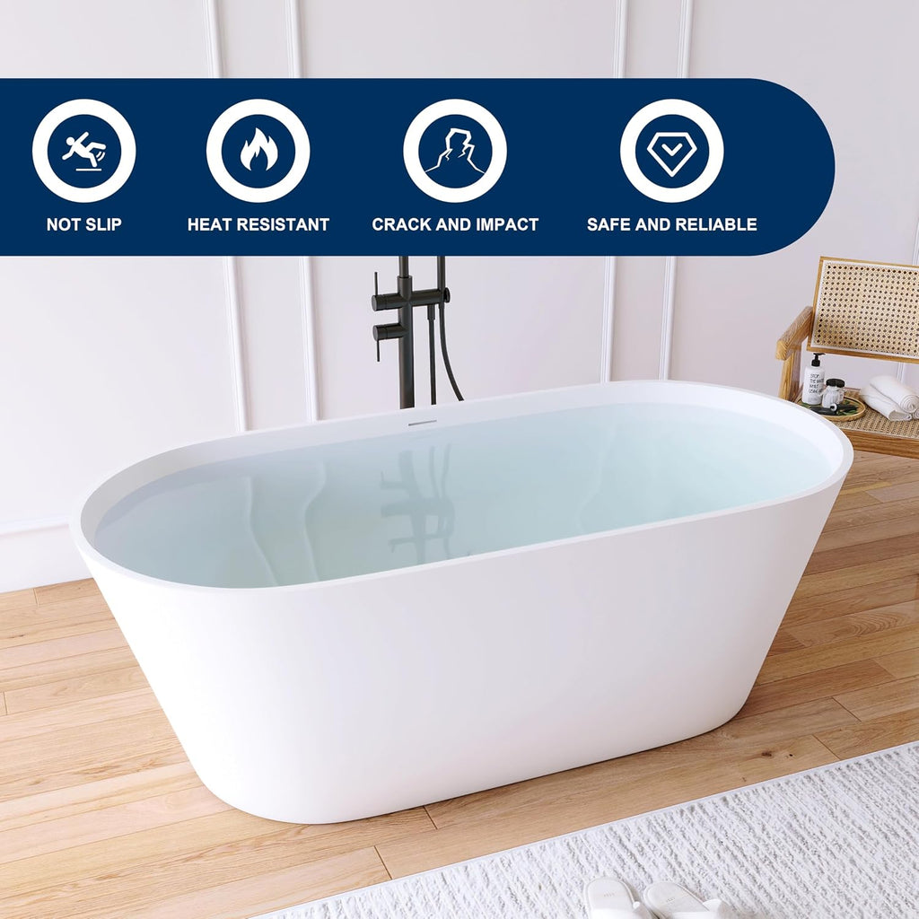 63'' Freestanding Solid Surface Resin Stone Bathtub, Freestanding Tub, Contemporary Design Stand Alone Tub with Pop-up Drain and Overflow, cUPC Certified,