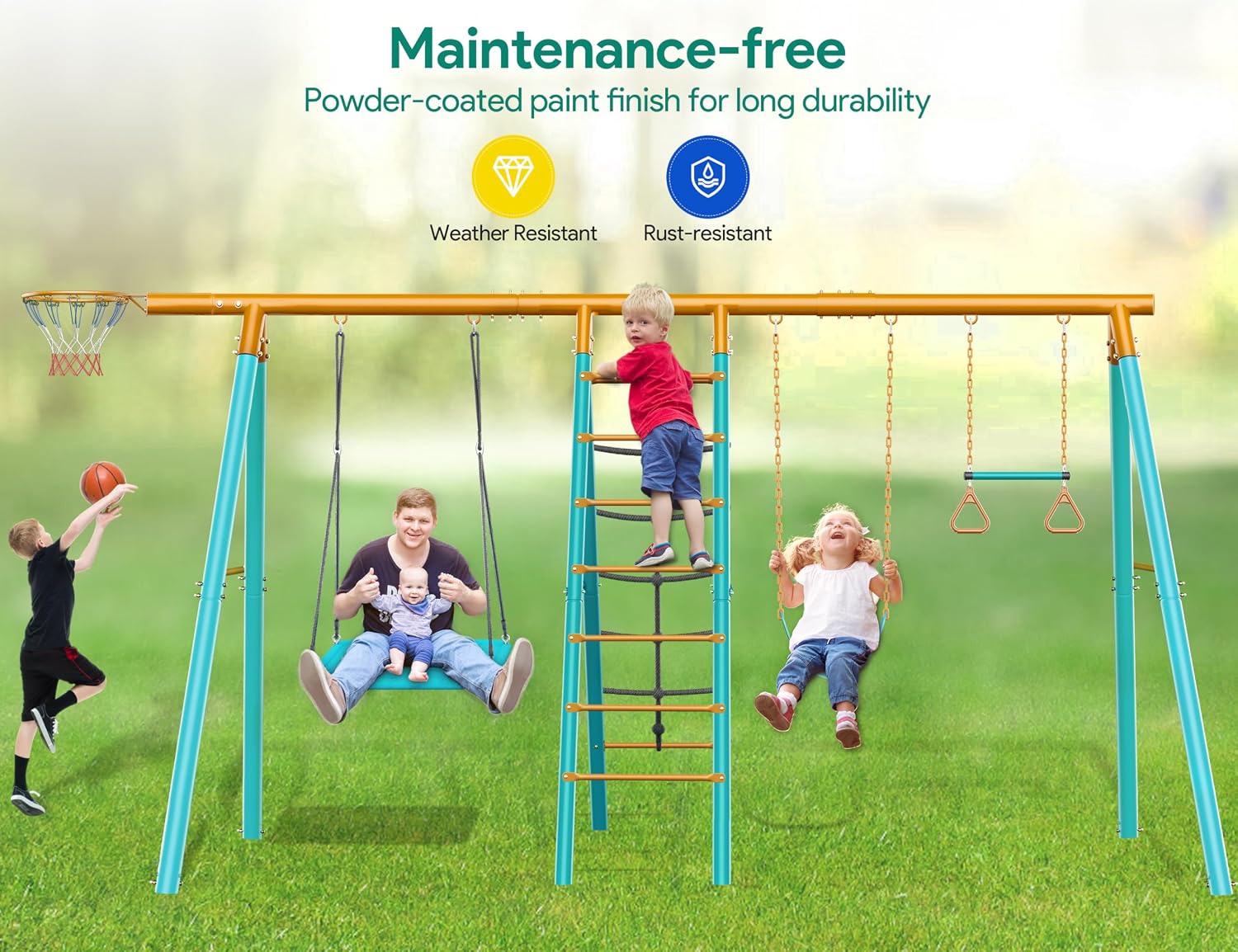 Osoeri 6-in-1 Swing Set for Backyard, Heavy-Duty Metal Kids Swing Set with 2 Swings, Climbing Net, Trapeze Bar, and Basketball Hoop (Blue)