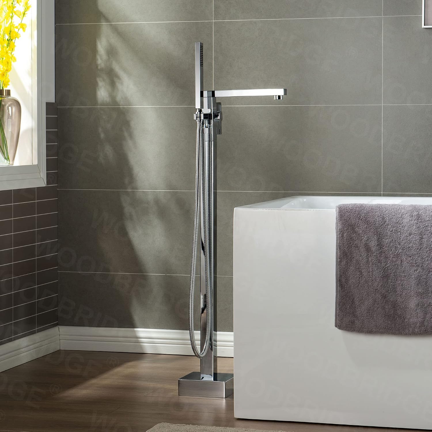 WOODBRIDGE Contemporary Single Handle Floor Mount Freestanding Tub Filler Faucet with Hand shower in Chrome Finish, F0004CHN