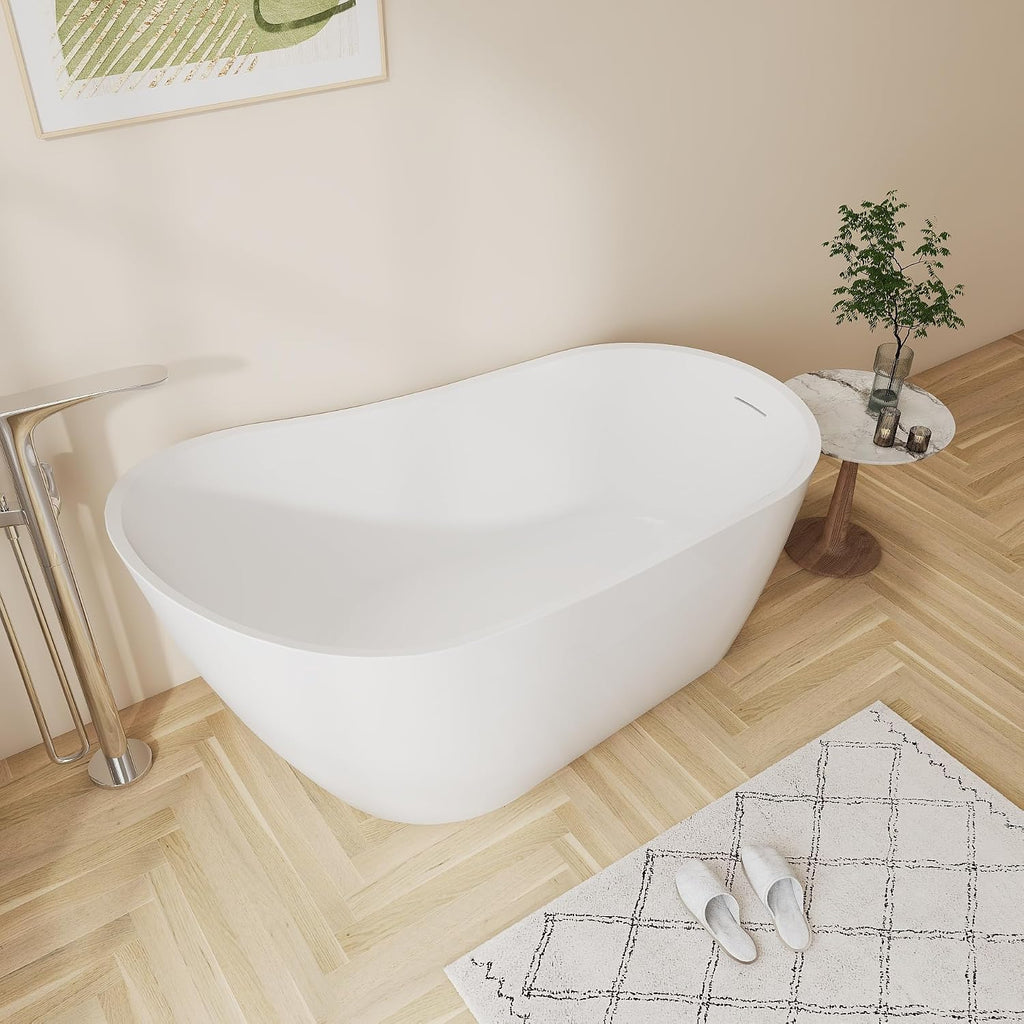 67'' Freestanding White Acrylic Bathtub, Oval Soaking Tub | Oval White Acrylic Freestanding Soaking Tub with Chrome Drain & 4 Adjustable Leveling Feet, No Overflow Cover & Drain Pipe