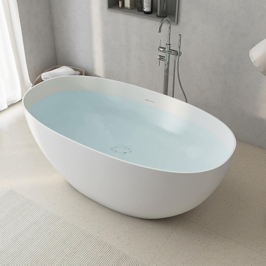 59'' Stone Resin Freestanding Bathtub, Bathroom Solid Surface Soaking Tub, Soaker Tubs Oval Shaped, Matte Luxury Modern Soaking Bathtubs with Overflow and Pop-up Drain - White