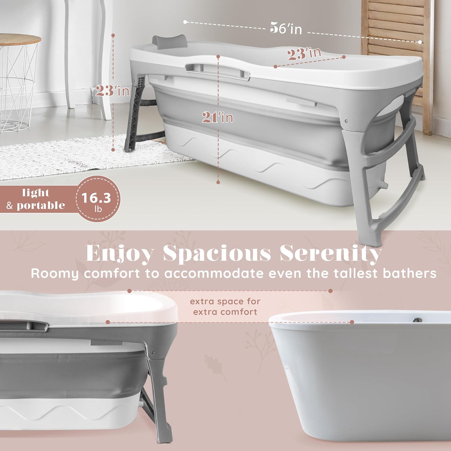 Portable Bathtub for Adult- Extra Large 56' Foldable Collapsible tub. Ergonomically Designed for the Ultimate Relaxing Soaking Bath, Ice Bath. Ideal for Small Spaces, Quick, Effortless Folding Bathtub