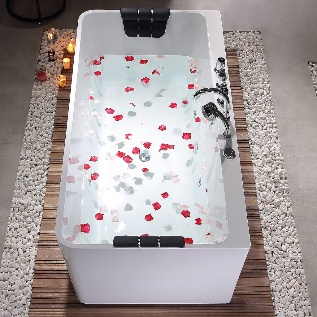 Whirlpool Bathtub 67 in. Acrylic Freestanding Bath Tub Hydromassage Gracefully Rectangle Shaped 8 Water Jets Soaking SPA, Double-Ended Massage Bathtubs with Black Pillows , White