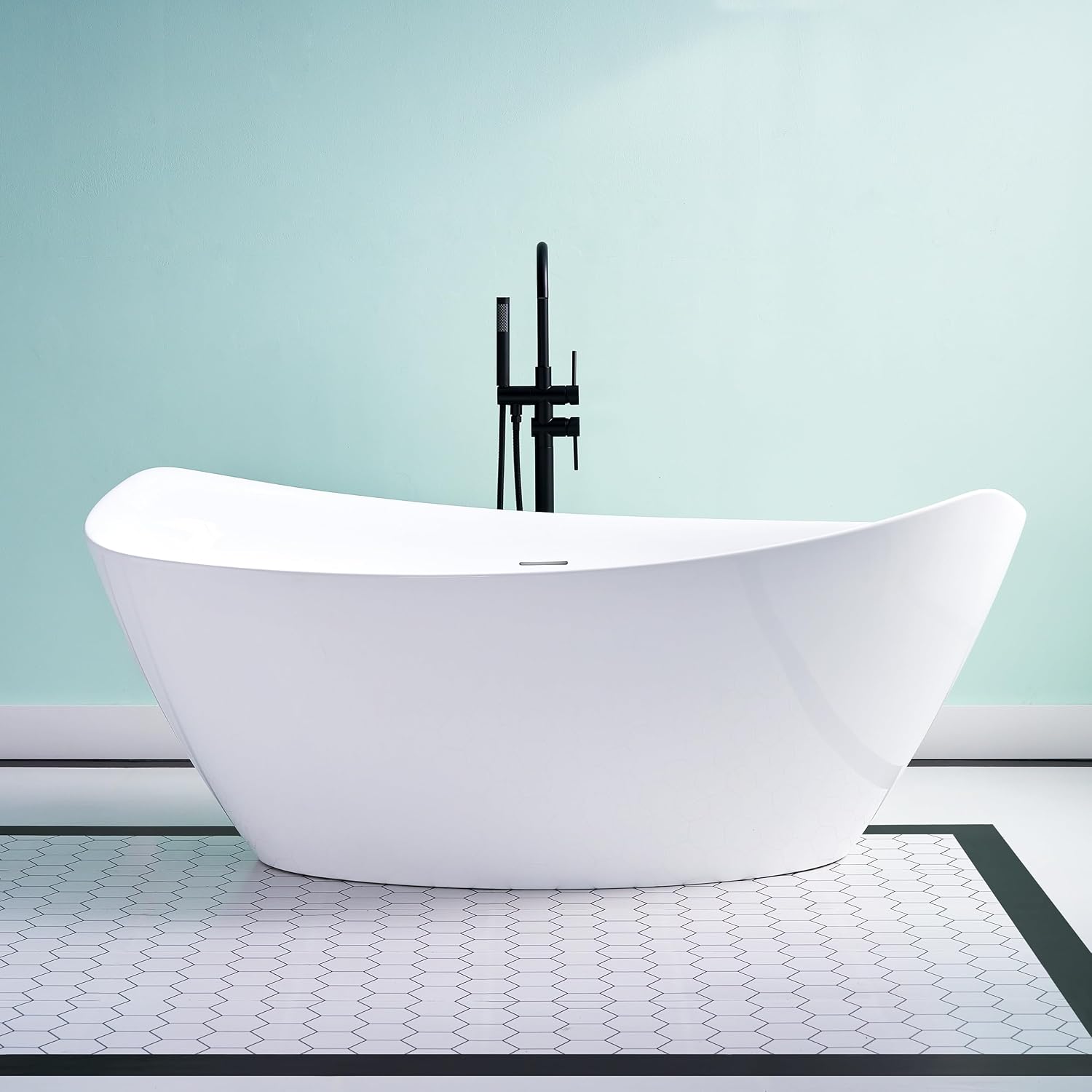 WELLFOR 70'Freestanding Acrylic Bathtub with Drain and Integrated Slotted Overflow, 65 Gallons Capacity, Soaking Bath Tub Oval Shape, Glossy White Soaking Bath Tub with Predrilled Overflow Holes