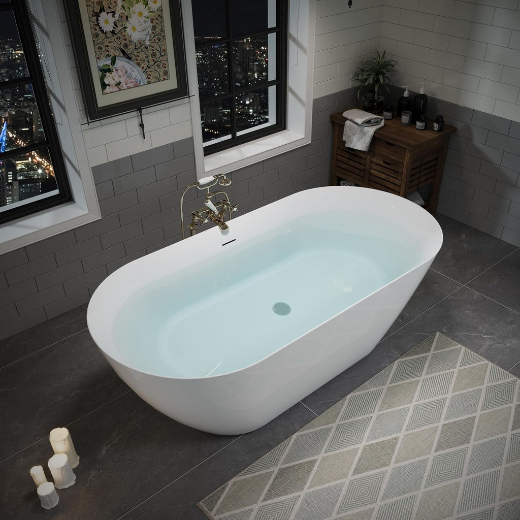 63' Acrylic Freestanding Bathtub, Oval Deep Soaking Bathtub with Center Pop up Drain Integrated Overflow, Stand Alone Bath Tub for Bathroom Spa or Home Upgrade, Glossy White TH 26A09 63