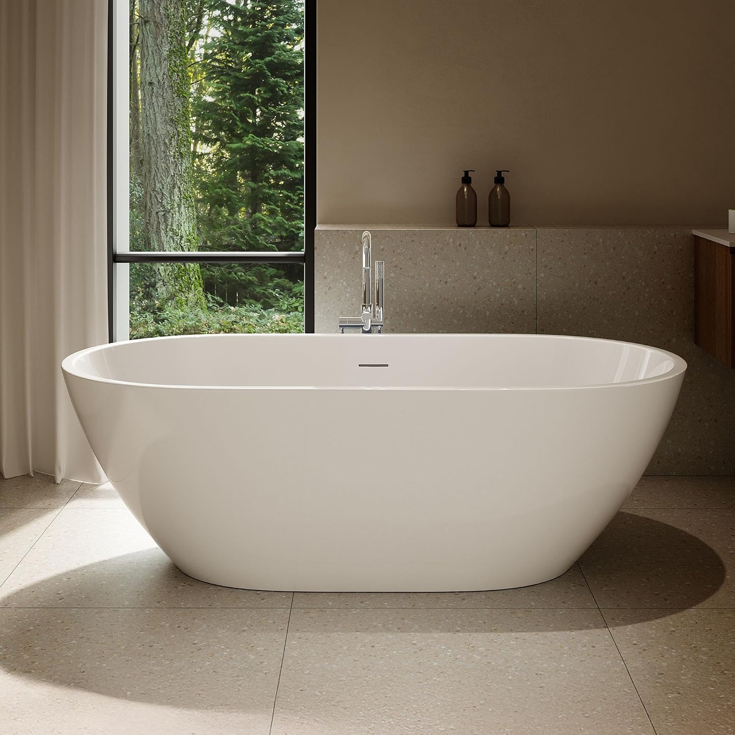 OVE Decors Ayago 66 in. Solid Surface Freestanding White Acrylic Soaking Bathtub, with Overflow and Chrome Pop-up Drain