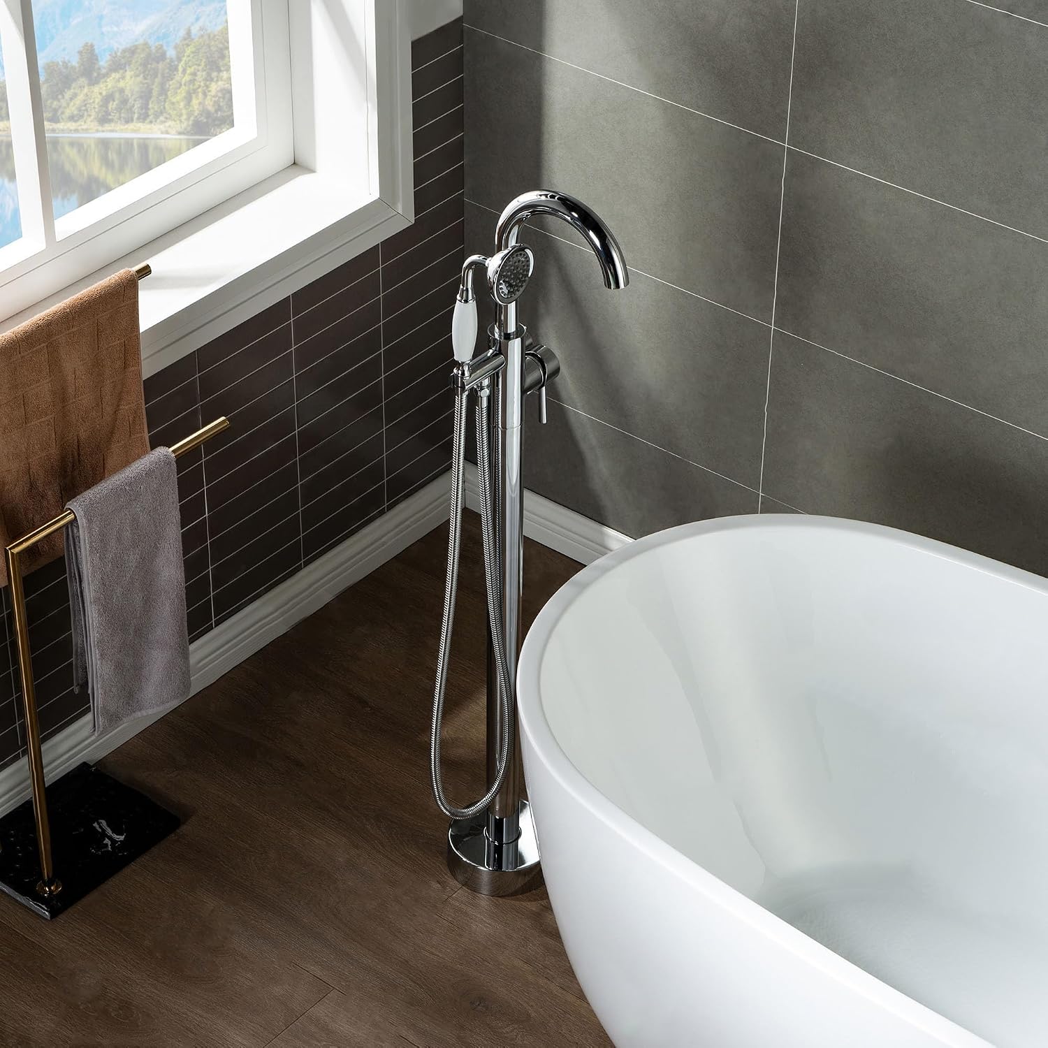 WOODBRIDGE F0002CHVT Fusion Single Handle Floor Mount Freestanding Tub Filler Faucet with Telephone Hand shower in Polished Chrome Finish