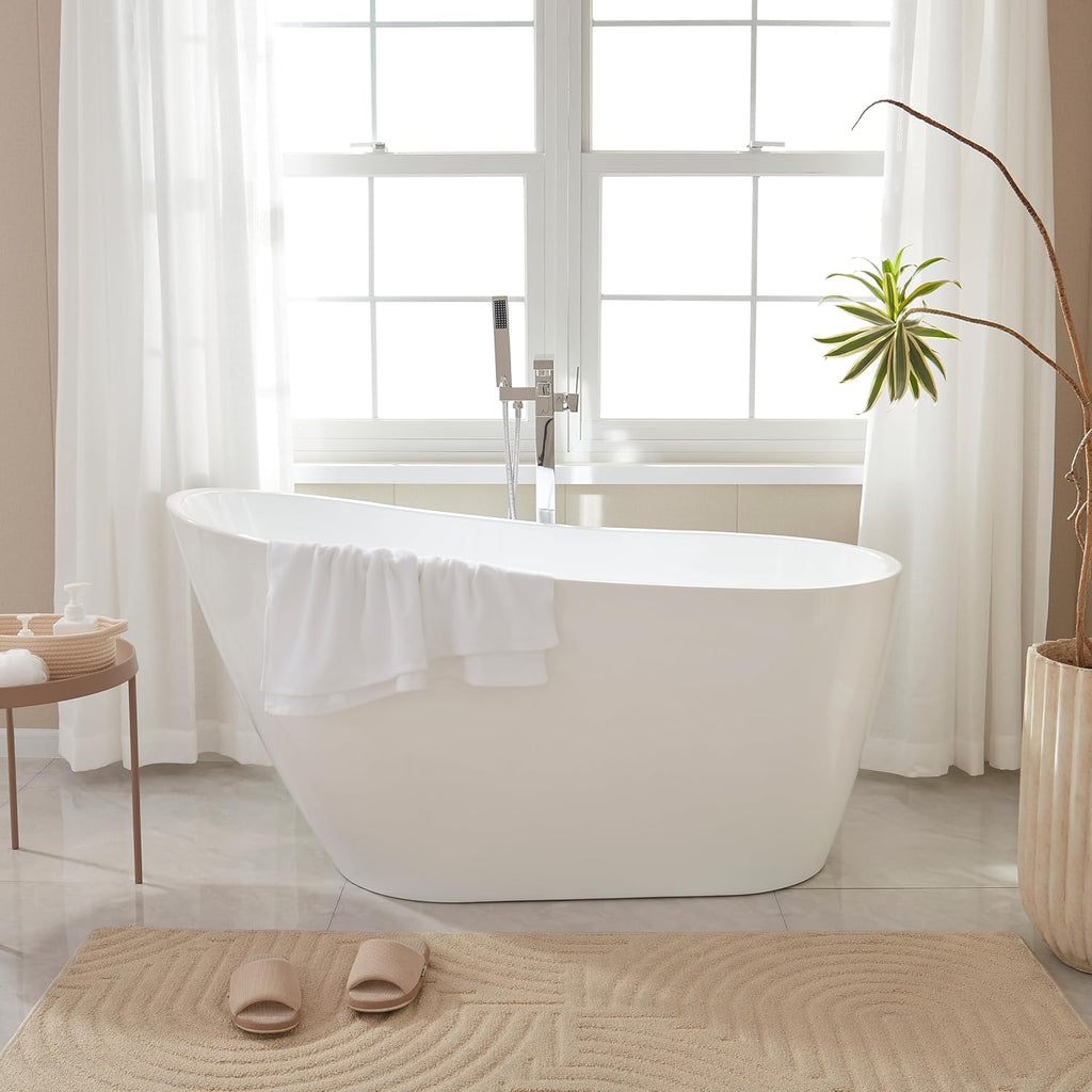 Vanity Art 55' Free Standing Tub Non-Slip Contemporary Design Freestanding Bathtub Soaking Tub with Overflow and Pop-up Drain, UPC Certified