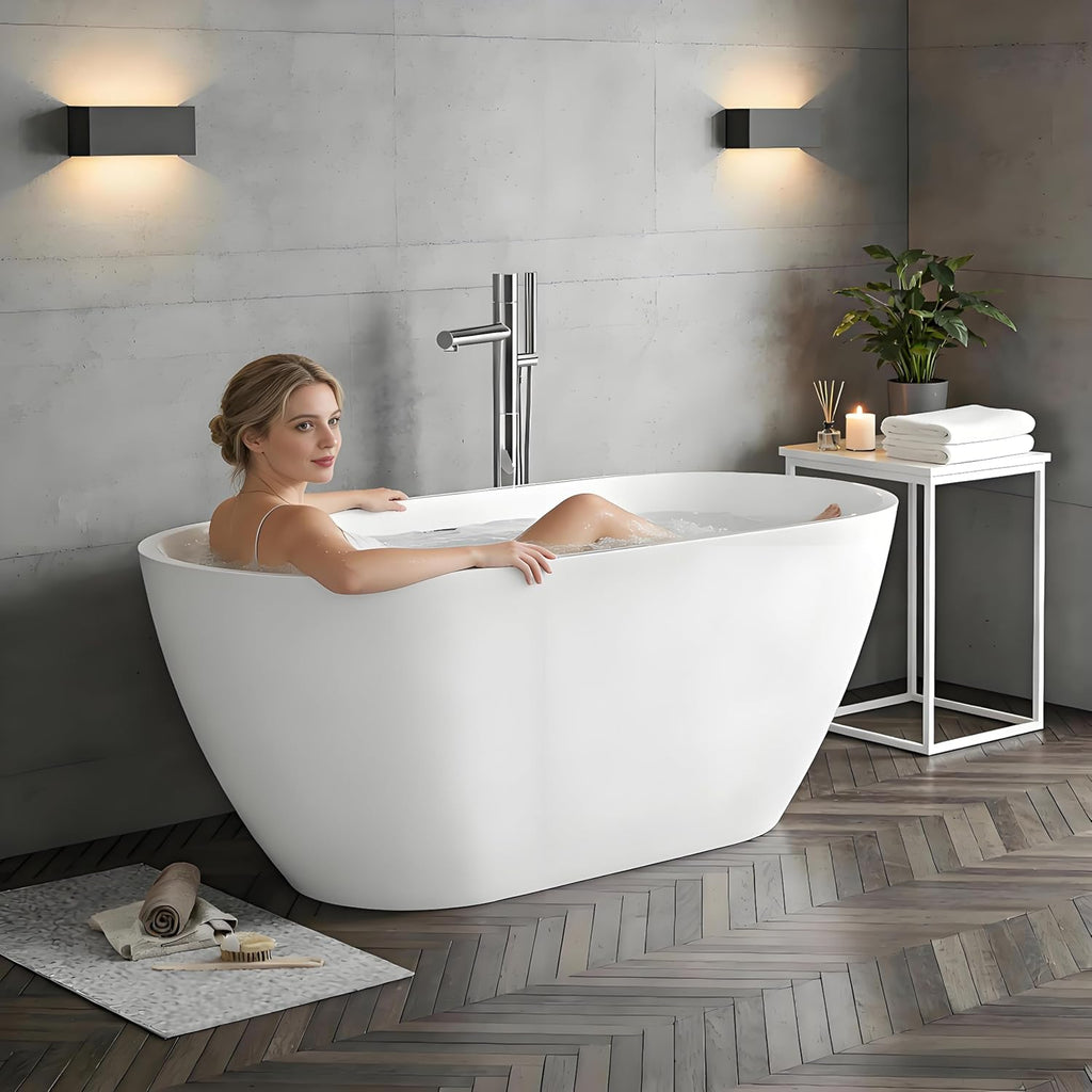 Freestanding Bathtub 59 Inch, Oval Acrylic Stand Alone Tub with Chrome Drain, Modern White Soaking Tub for Bathroom Renovation, Ergonomic Design for Family or Guest Bathroom
