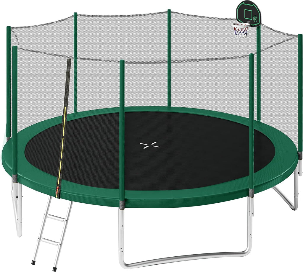 14FT Trampoline for Kids with Safety Enclosure Net, Basketball Hoop and Ladder, Round Outdoor Recreational Trampoline