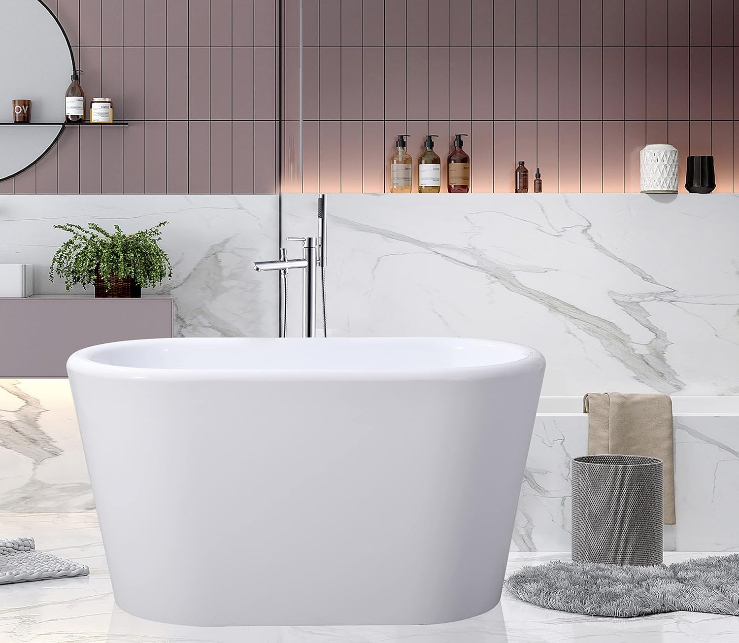 VTDE512628BA 51-Inch Acrylic Freestanding Tub with Drain and Integrated Seat, Glossy White