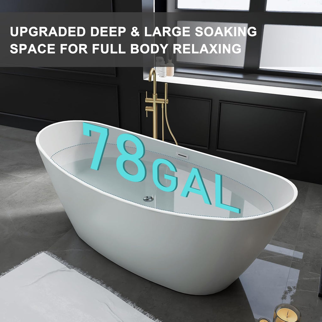 71' Acrylic Freestanding Bathtub, High-back Soaking Tub for Bathroom, Stand Alone Tub, cUPC Certified, Integrated Overflow and Drain, Gloss Grey