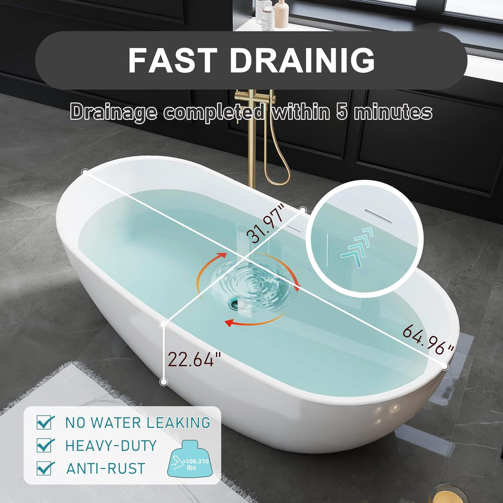 65' Acrylic Freestanding Bathtub, Stand Alone Tub, Soaking Tubs for Bathroom, Free Standing Tub with Integrated Overflow and Drain, cUPC Certified, Gloss White