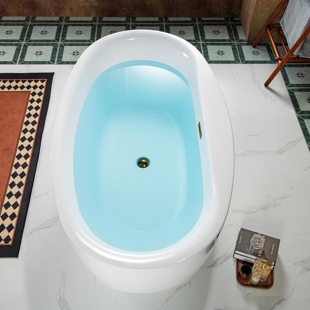 WOODBRIDGE 66' Acrylic Freestanding Bathtub Contemporary Soaking White Tub with Brushed Gold Overflow and Drain，B0027-BG
