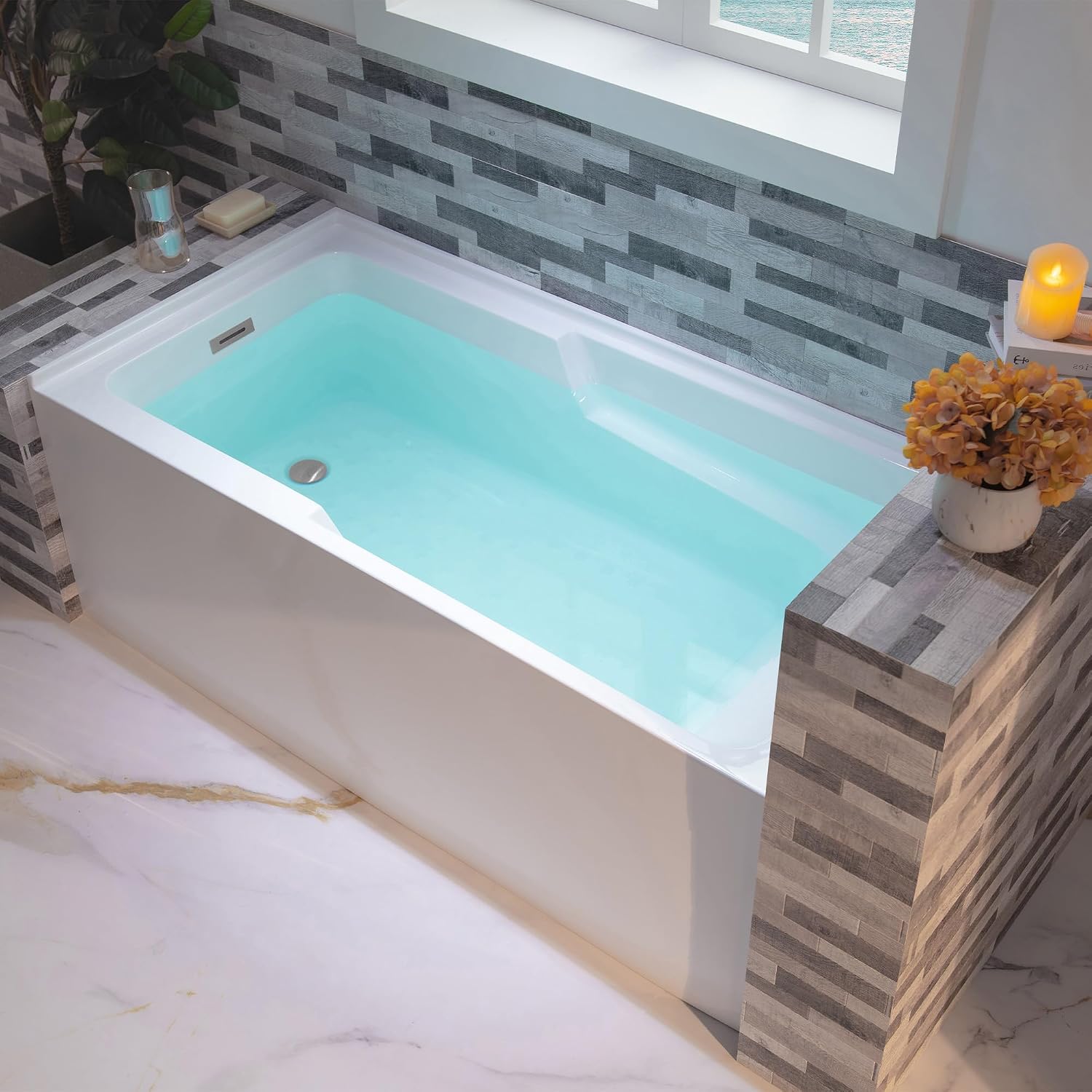 WOODBRIDGE 54' Acrylic Rectangular Alcove Soaking Bathtub in White with Left Drain, Chrome pop-UP Drain Included BA5430L