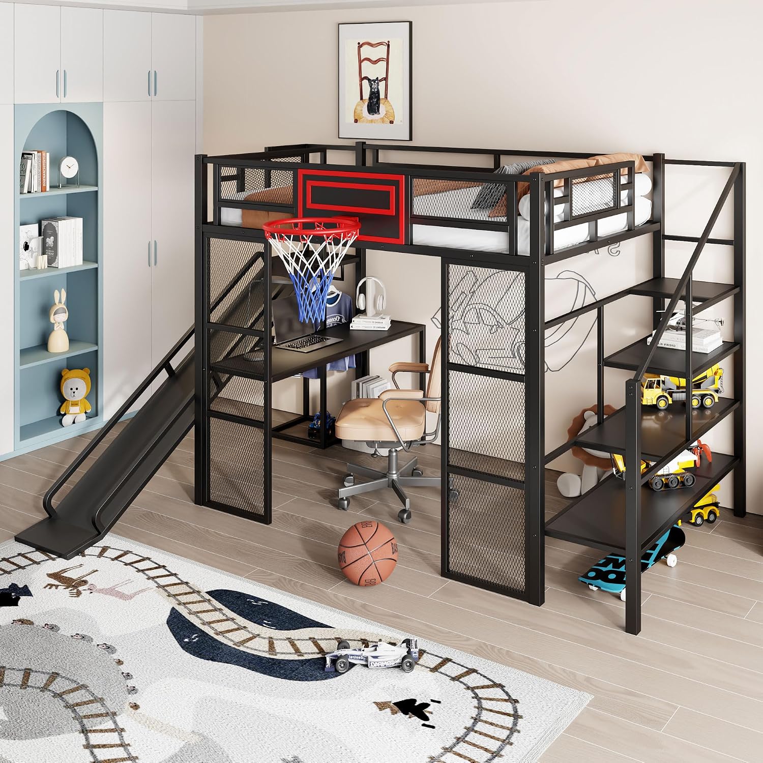 Merax Full Size Metal Loft Bed with Slide and Stairs, Loft Bed Frame with Built-in Desk, Open Wardrobe, Basketball Hoop, Space-Saving Loft Bed Frame with Storage Staircase for Kids Teens Boys, Black
