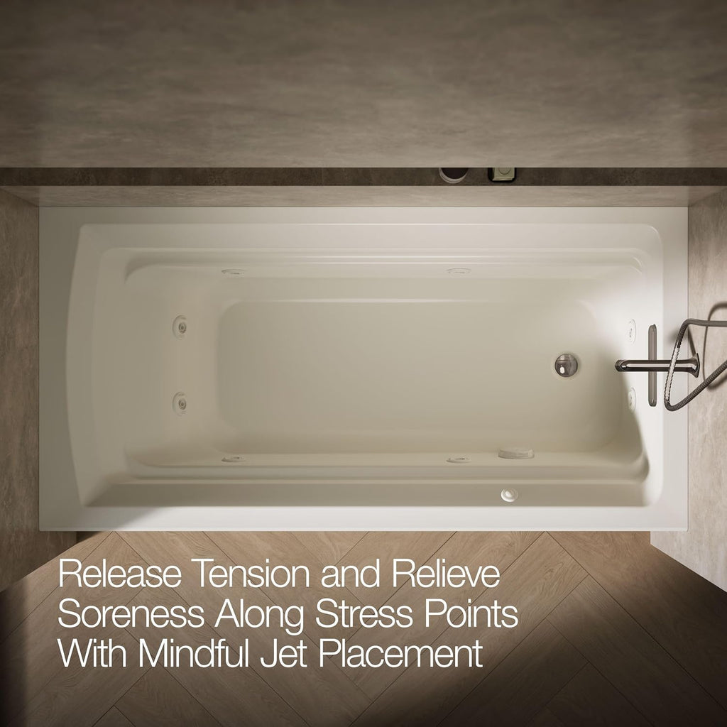 Kohler K-1124-HR-96 Archer 6Ft Whirlpool with Comfort Depth Design, Integral Apron, Right-Hand Drain and Heat, Biscuit