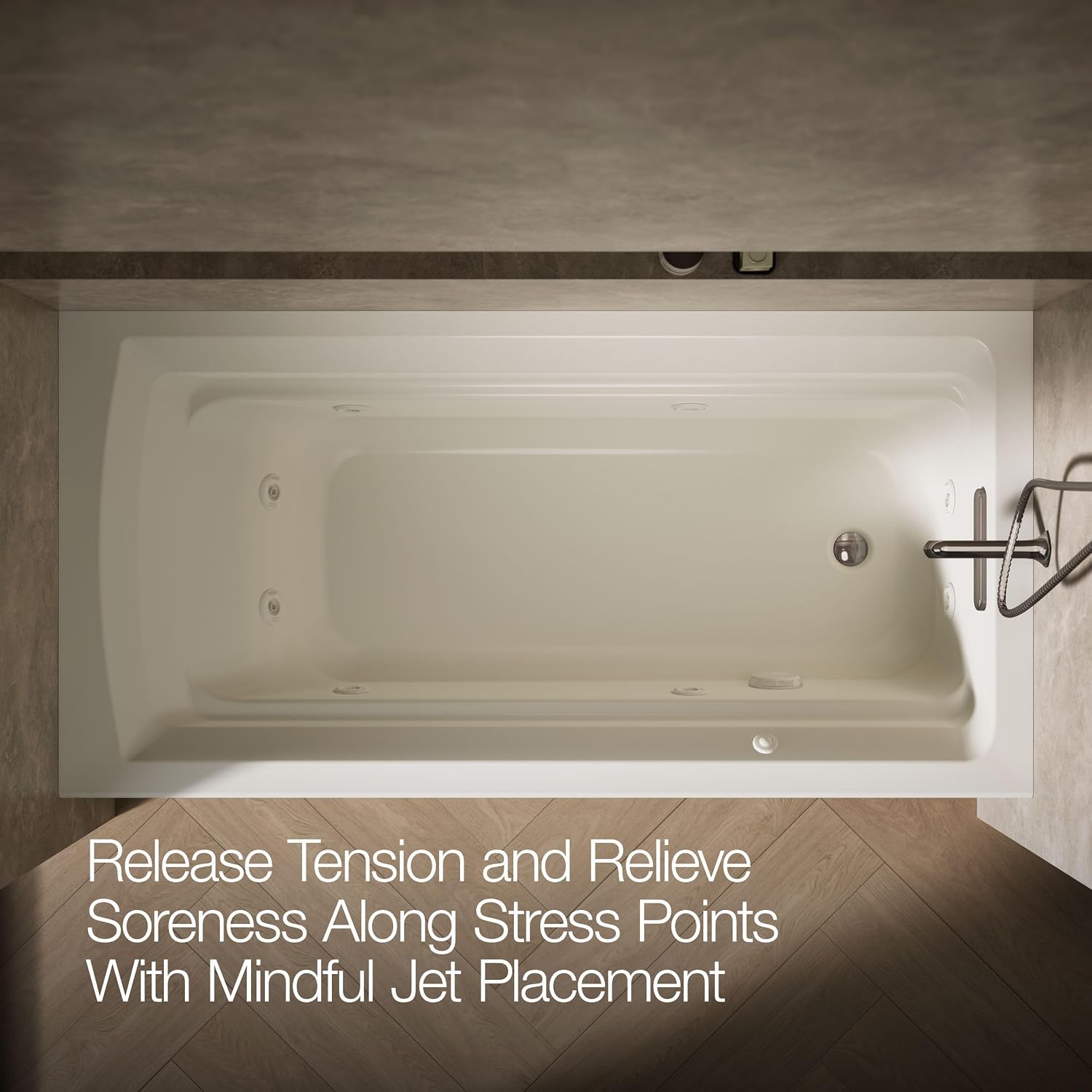 Kohler K-1124-HR-96 Archer 6Ft Whirlpool with Comfort Depth Design, Integral Apron, Right-Hand Drain and Heat, Biscuit