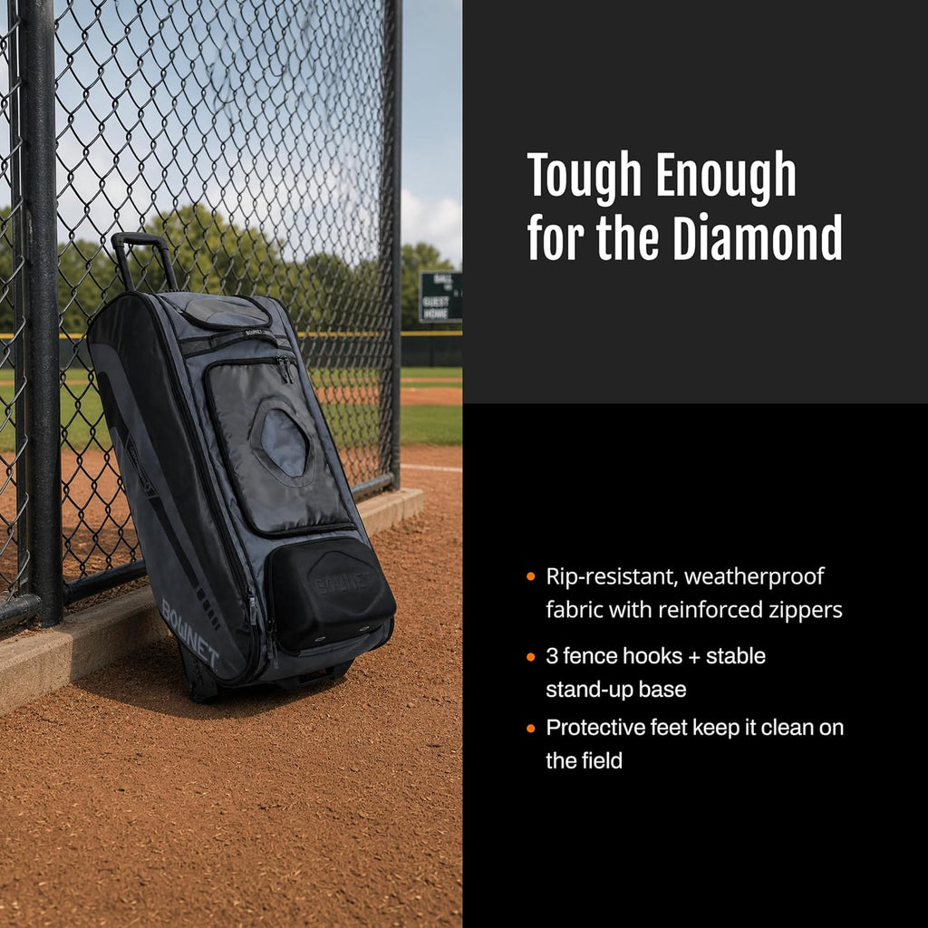 Bownet Commander Rolling Catcher's Gear Bag with Wheels – Baseball & Softball Equipment Bag for Travel Ball, Youth & Adult, 14 Pockets, Molded Helmet Case, Airline Approved