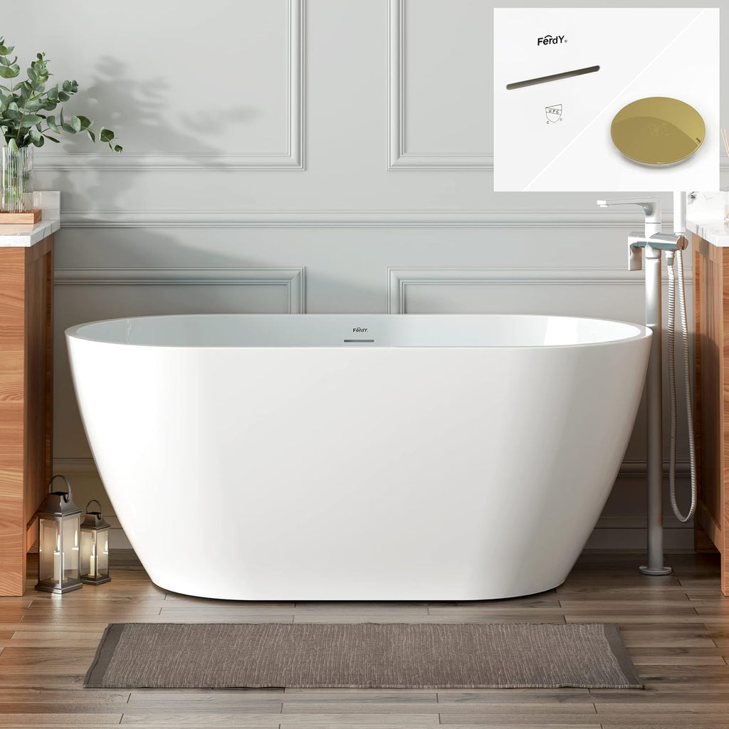 FerdY Bali 55' Freestanding Bathtub, Glossy White Freestanding soaking tub with Polished Gold Drain& Bath Pillow for Bathtub,Thick Tub Pillows, Ergonomic Head Neck and Back Support