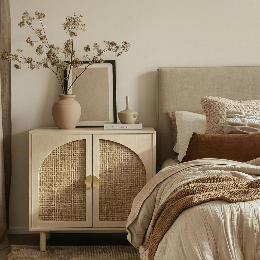 Rattan Storage Cabinet, Beige Boho Sideboard with Adjustable Shelf, Magnetic Door Latch. [2pcs, Beige]
