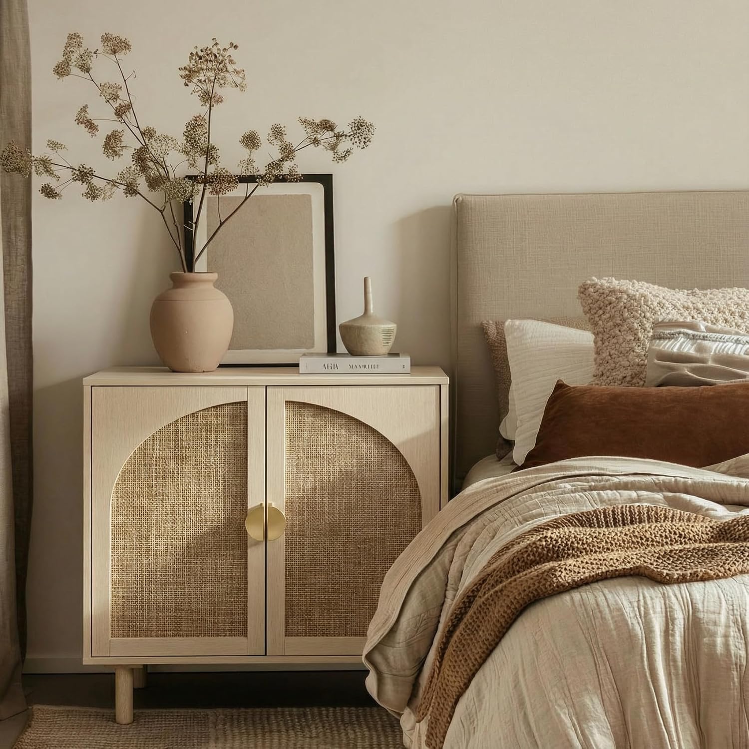 Rattan Storage Cabinet, Beige Boho Sideboard with Adjustable Shelf, Magnetic Door Latch. [2pcs, Beige]